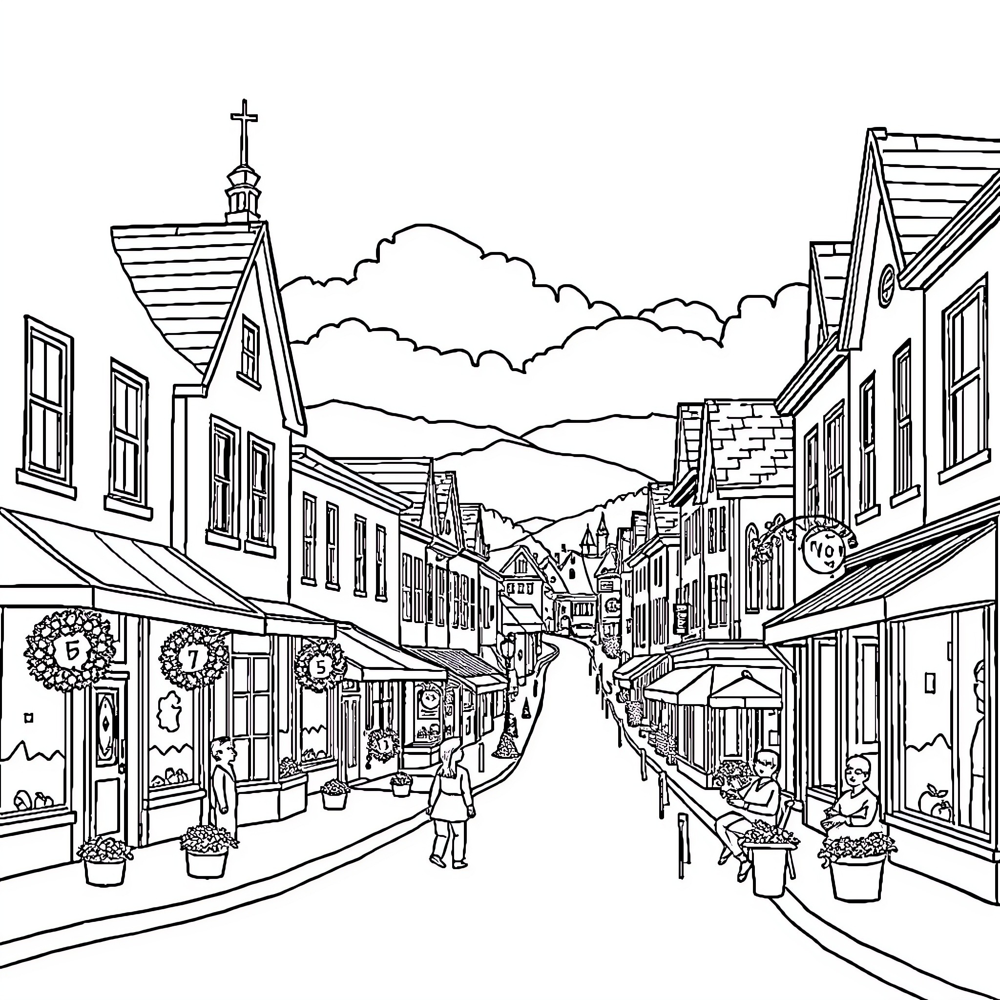 Elmira's Festive Winter Street Scene Coloring Page (free black-and-white line drawing printable PDF for all, from beginners to advanced learners, including children, teens, adults, and seniors)
