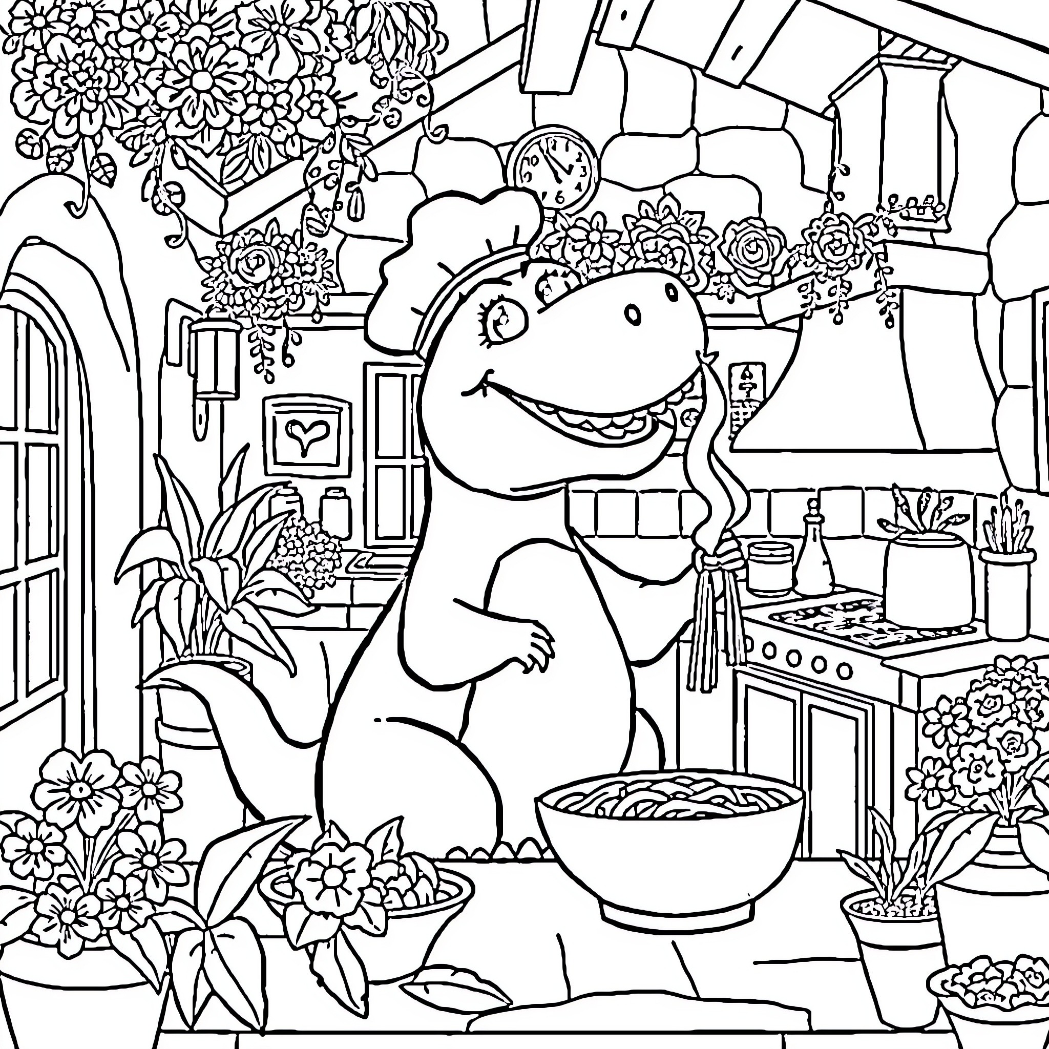 Barney cooking a meal in a flower-filled kitchen Coloring Page (free black-and-white line drawing printable PDF for all, from beginners to advanced learners, including children, teens, adults, and seniors)