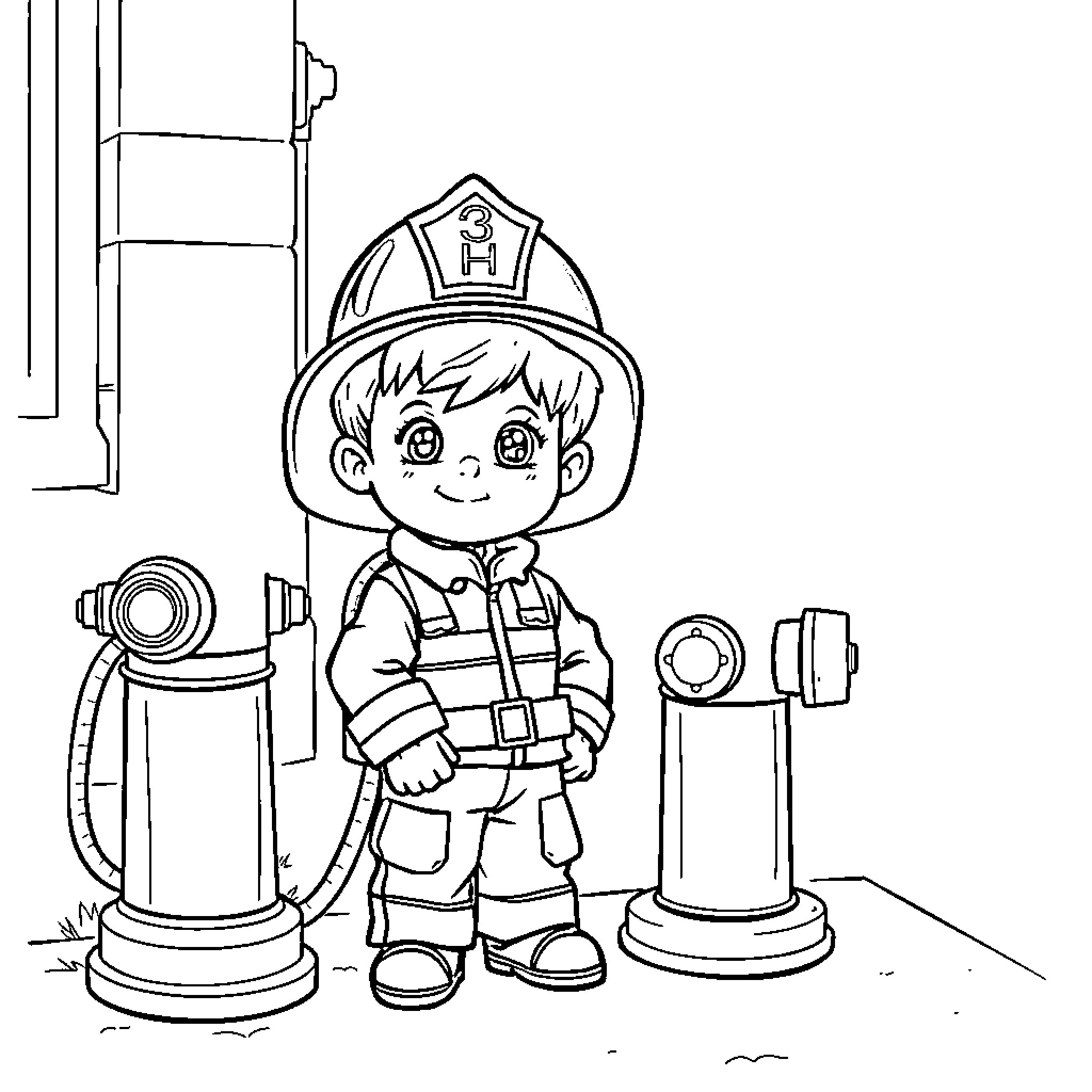 Firefighter in Training Posing with Equipment Coloring Page (free black-and-white line drawing printable PDF for all, from beginners to advanced learners, including children, teens, adults, and seniors)