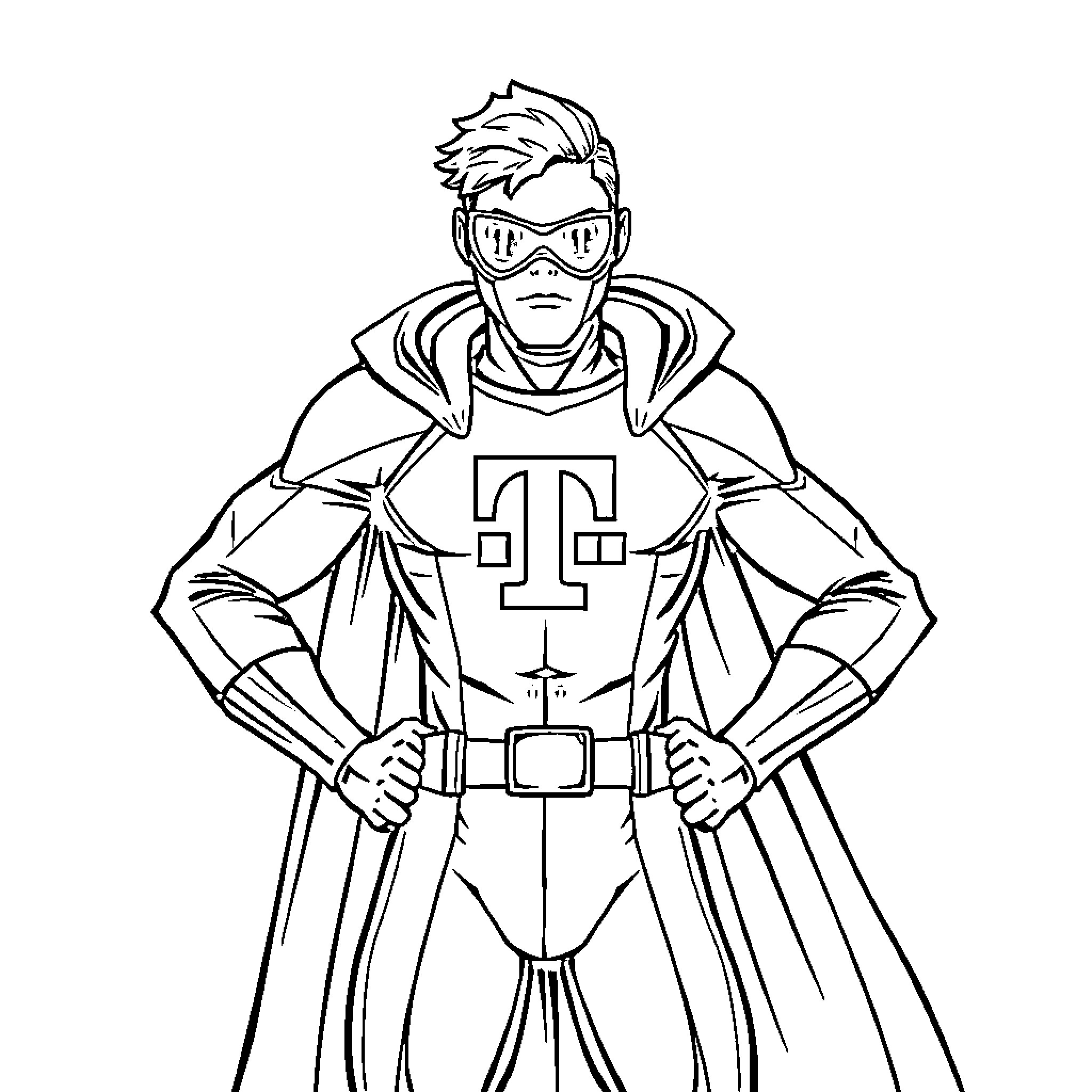 Superhero in action-ready stance with iconic emblem Coloring Page (free black-and-white line drawing printable PDF for all, from beginners to advanced learners, including children, teens, adults, and seniors)