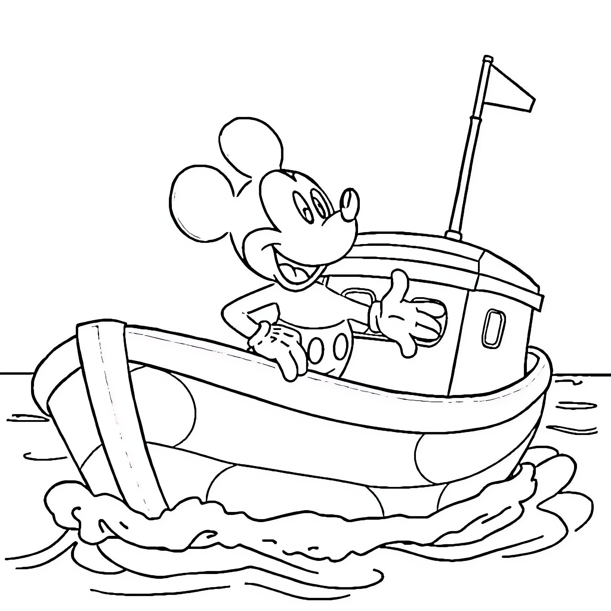 Mickey Mouse steering a boat on the sea Coloring Page (free black-and-white line drawing printable PDF for all, from beginners to advanced learners, including children, teens, adults, and seniors)