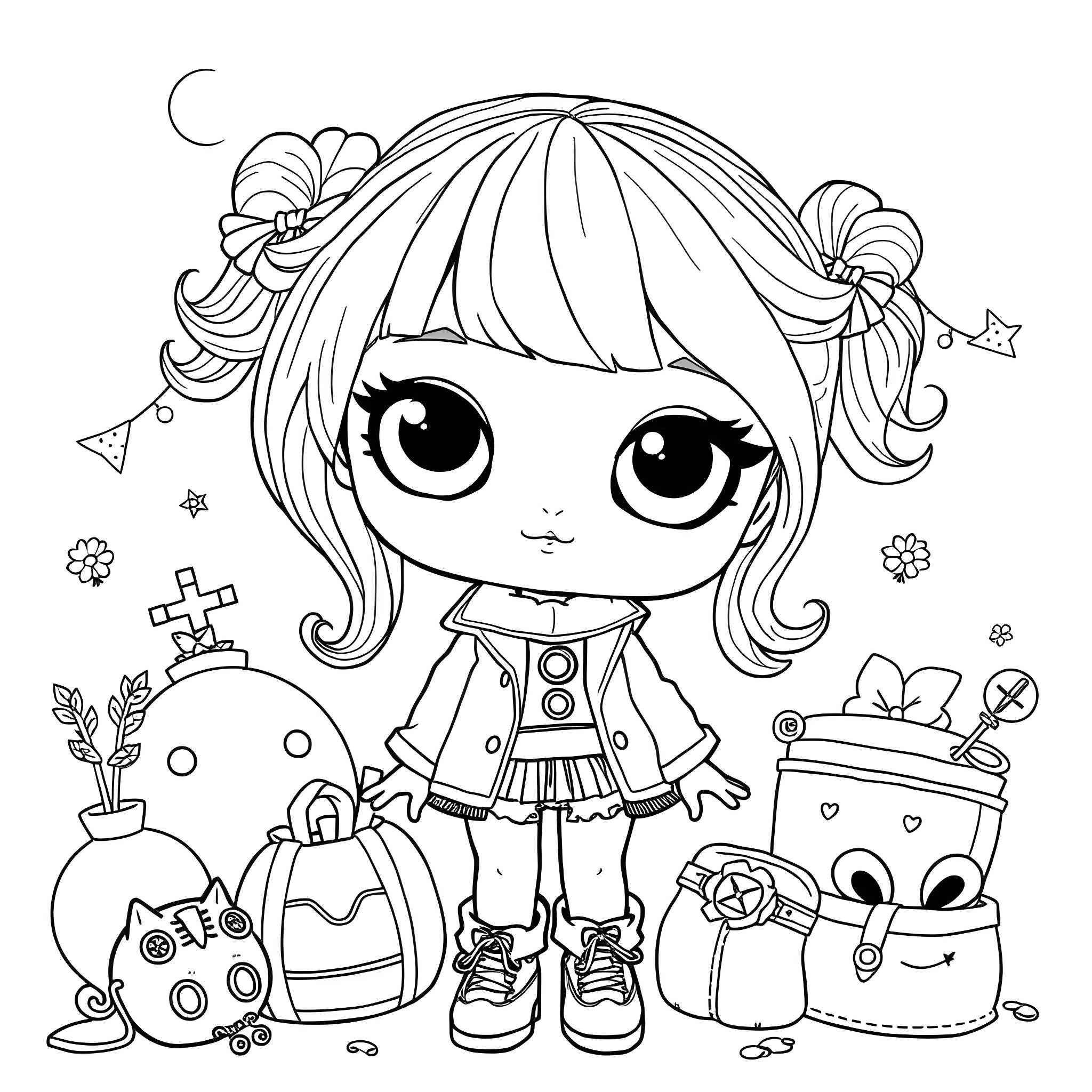 Lol Omg Doll with cute accessories and adorable expression Coloring Page (free black-and-white line drawing printable PDF for all, from beginners to advanced learners, including children, teens, adults, and seniors)