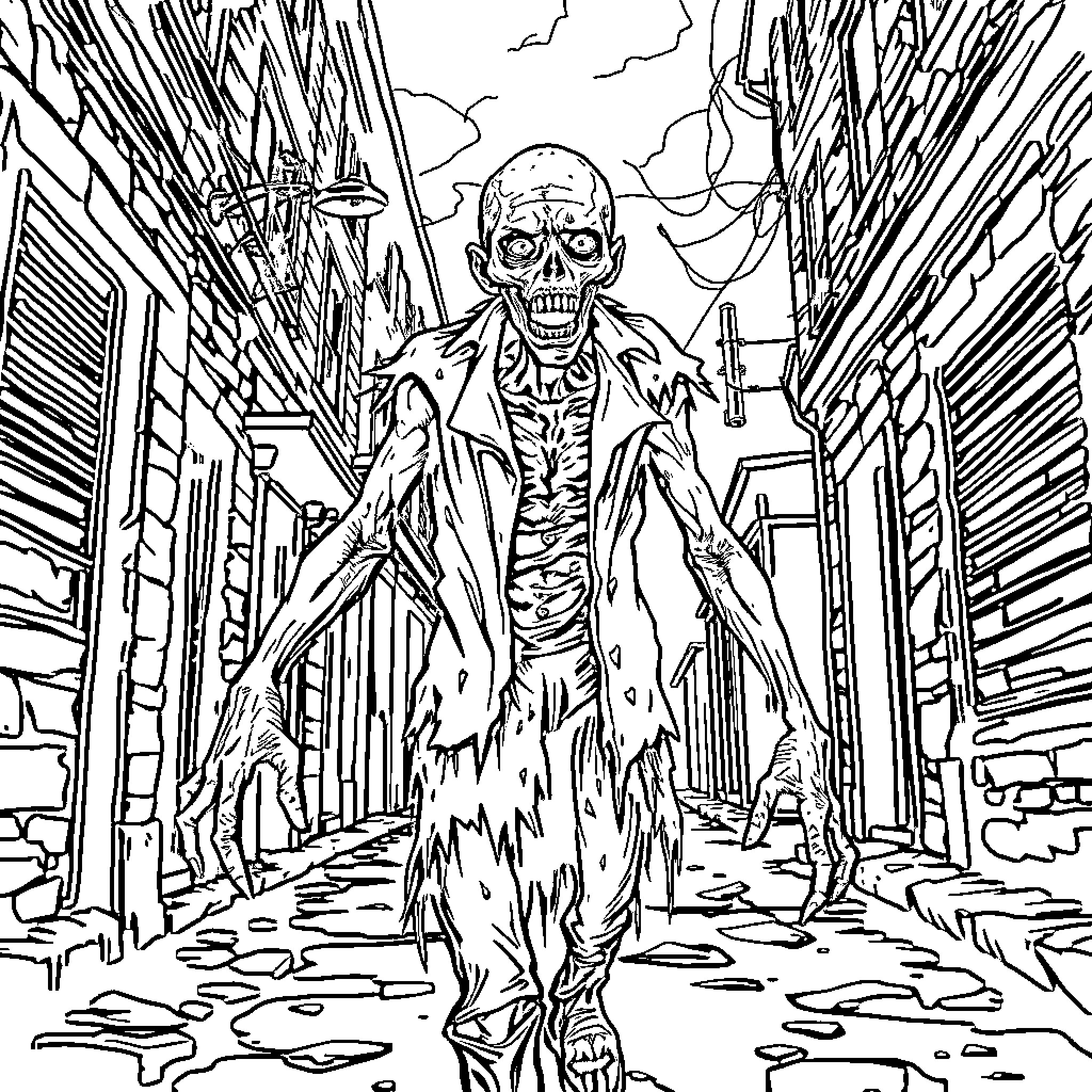 Zombie Stalking the Ruined City Streets Coloring Page (free black-and-white line drawing printable PDF for all, from beginners to advanced learners, including children, teens, adults, and seniors)