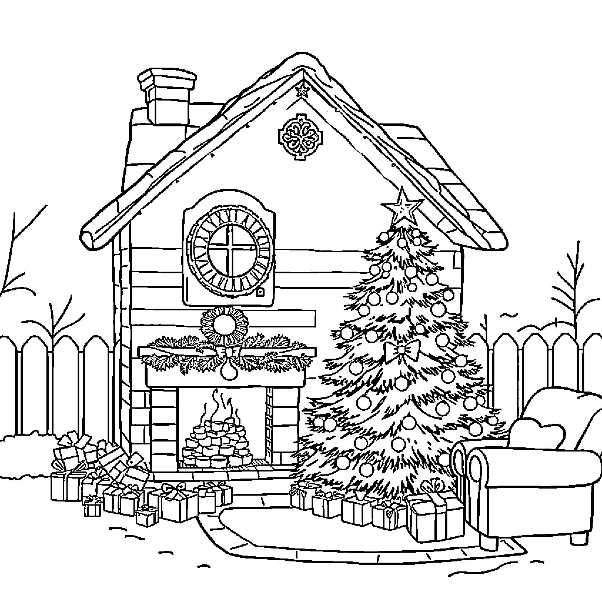 House with Decorated Christmas Tree and Presents Coloring Page (free black-and-white line drawing printable PDF for all, from beginners to advanced learners, including children, teens, adults, and seniors)