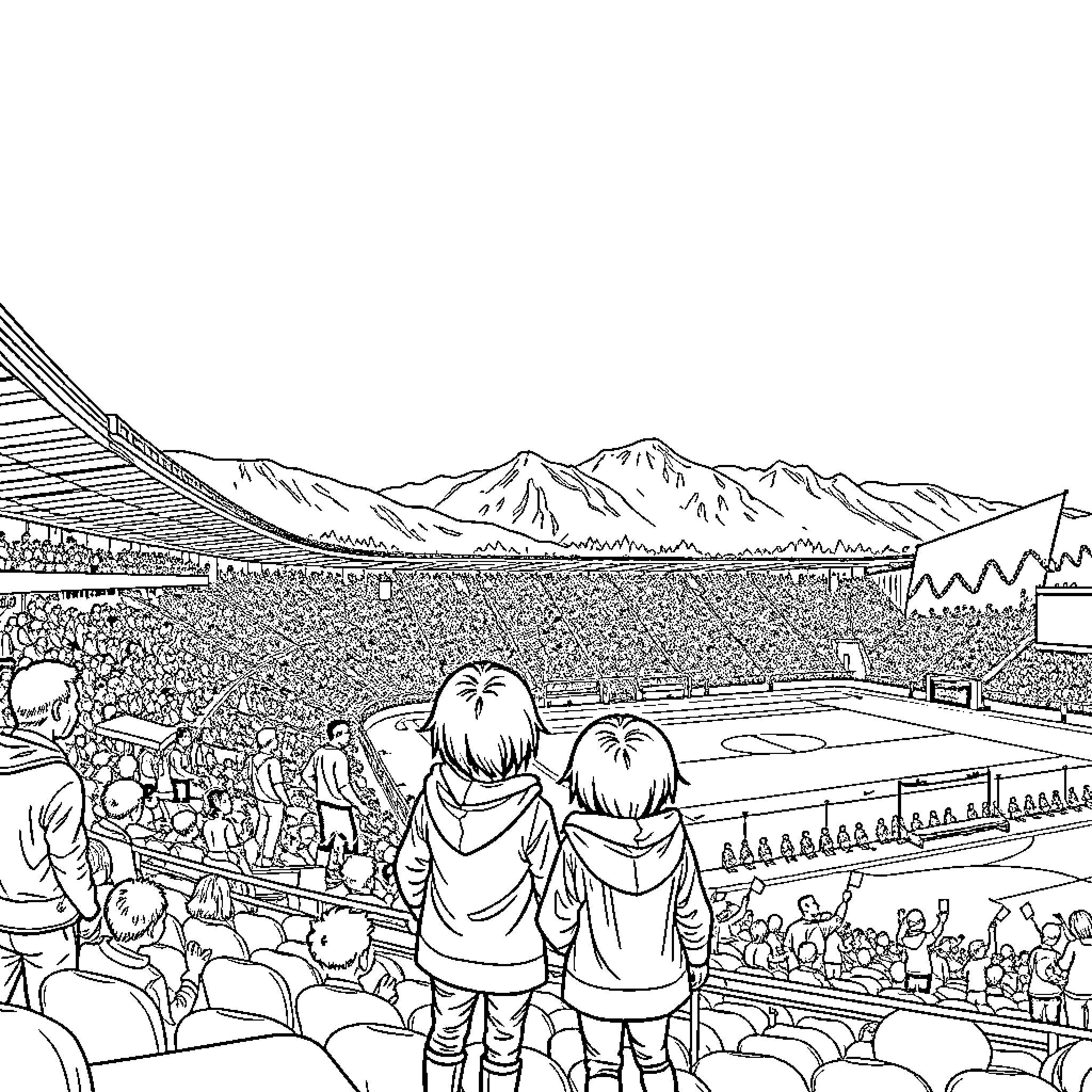 Kind Family Cheering at Sporting Event in Mountains Coloring Page (free black-and-white line drawing printable PDF for all, from beginners to advanced learners, including children, teens, adults, and seniors)
