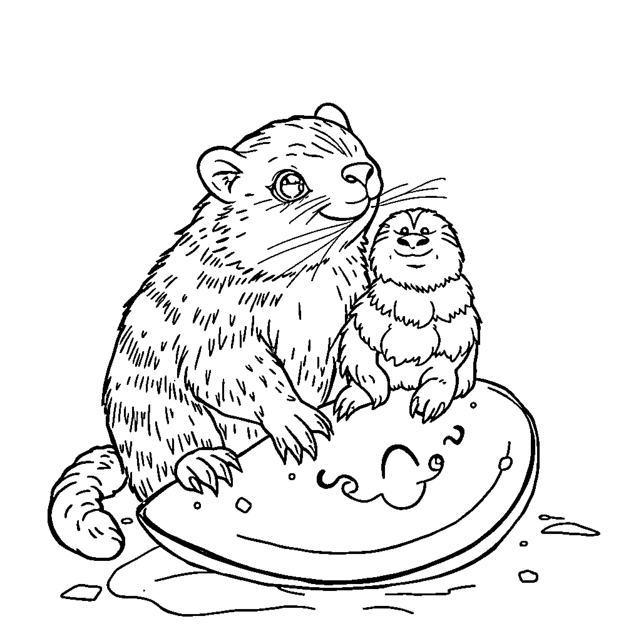 Dachshund playing joyfully with chicks in a bowl Coloring Page (free black-and-white line drawing printable PDF for all, from beginners to advanced learners, including children, teens, adults, and seniors)