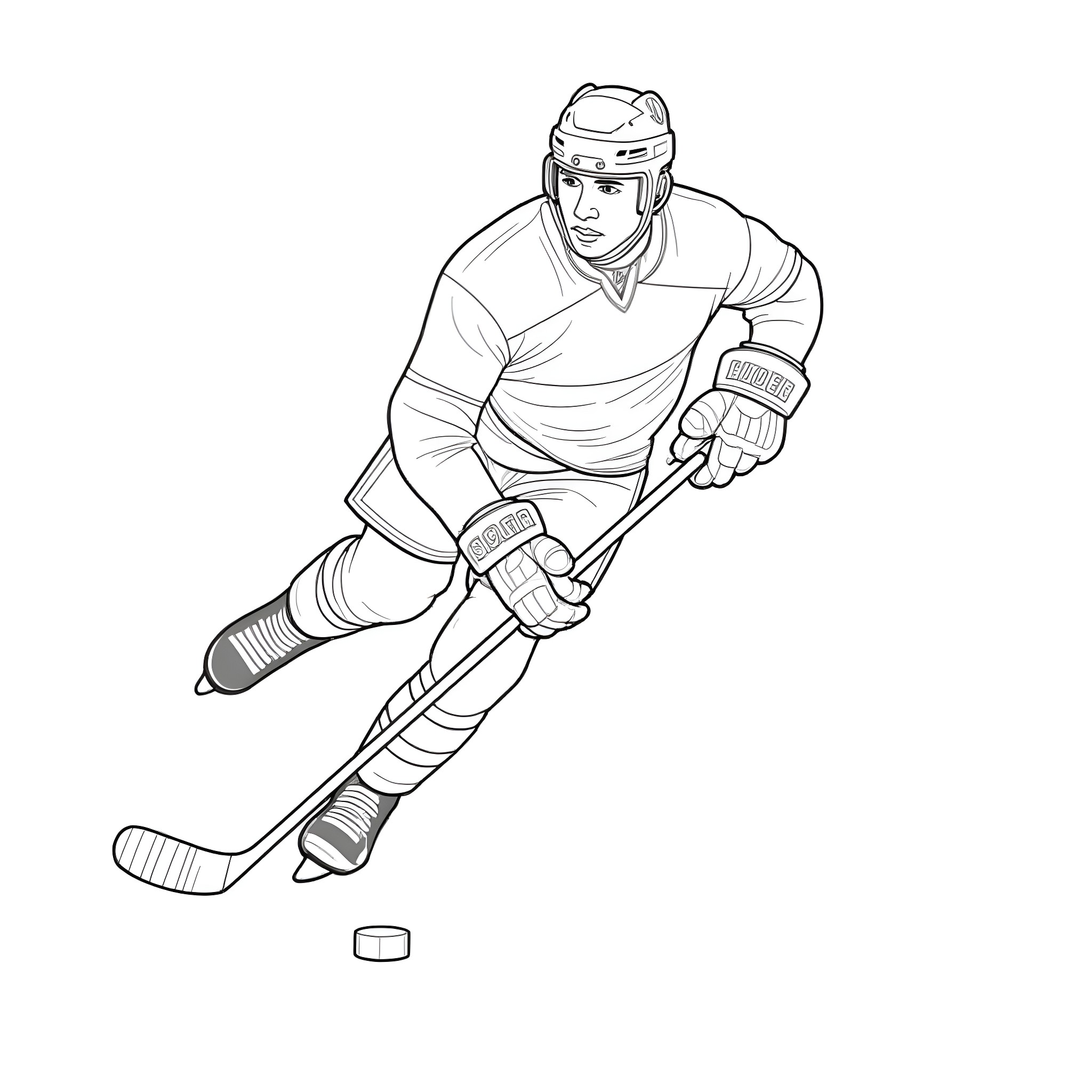 Hockey Player in Action with Stick and Puck Coloring Page (free black-and-white line drawing printable PDF for all, from beginners to advanced learners, including children, teens, adults, and seniors)