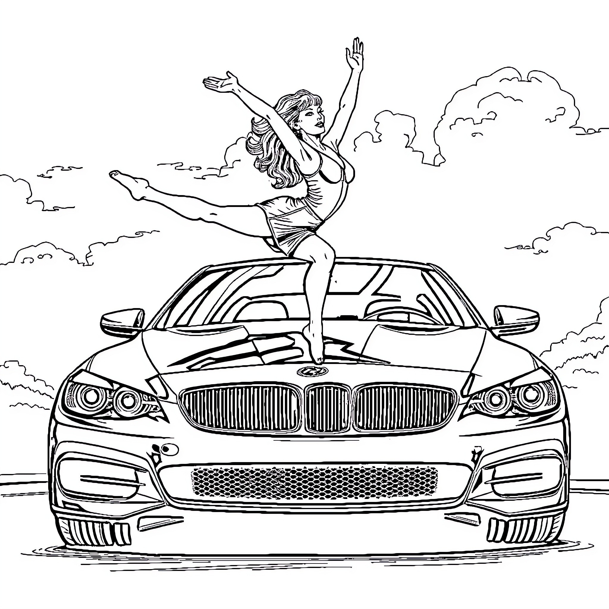 Lady dancing joyfully on a luxury car Coloring Page (free black-and-white line drawing printable PDF for all, from beginners to advanced learners, including children, teens, adults, and seniors)