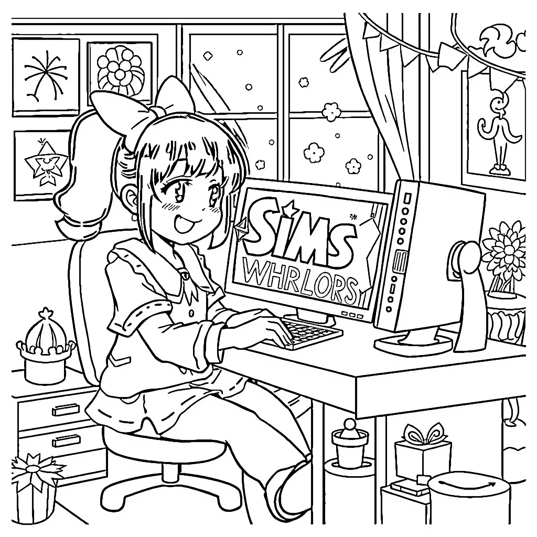 Kuromi's Whirlos! - Anime-style Character at Computer Coloring Page (free black-and-white line drawing printable PDF for all, from beginners to advanced learners, including children, teens, adults, and seniors)