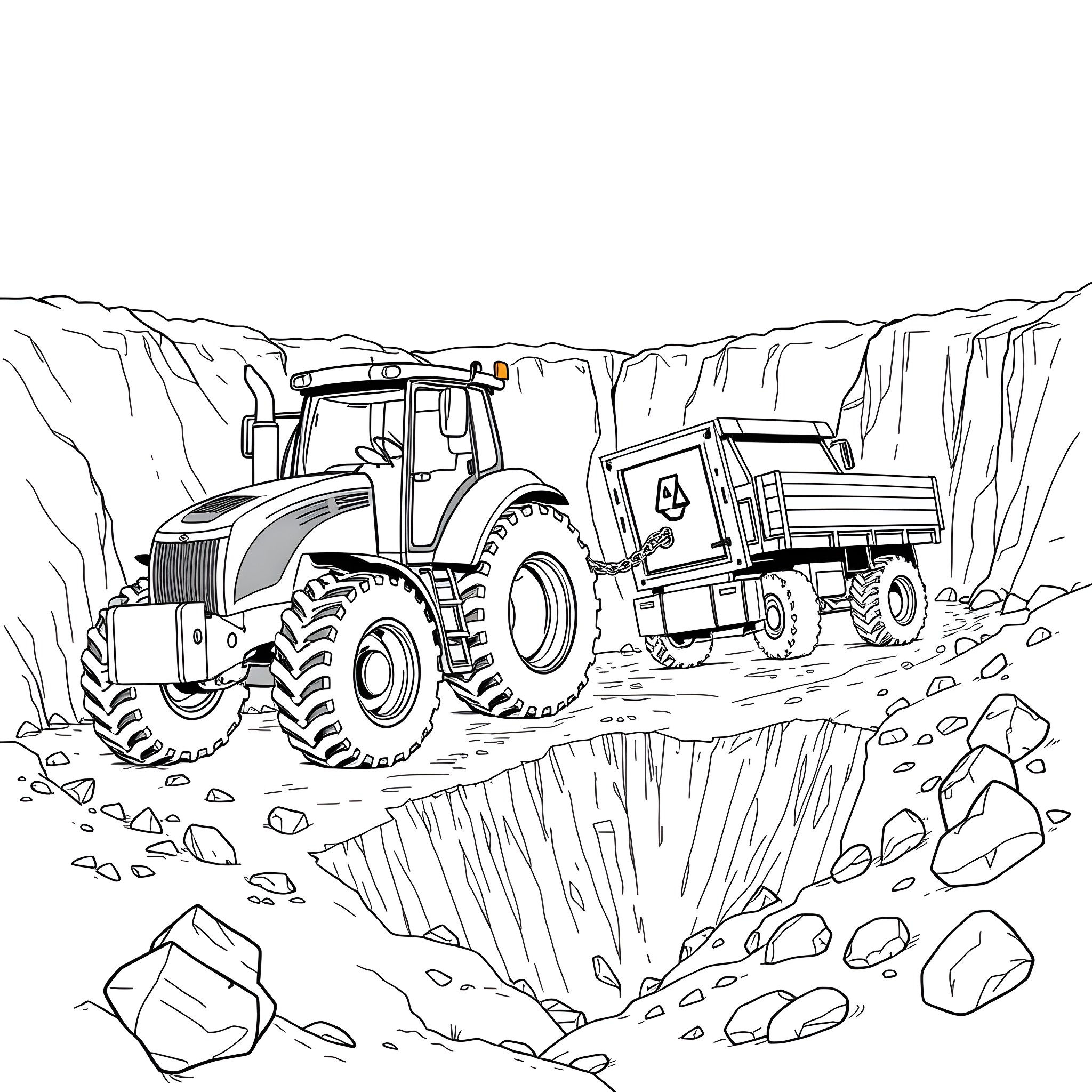 Tractor transporting supplies across rocky terrain Coloring Page (free black-and-white line drawing printable PDF for all, from beginners to advanced learners, including children, teens, adults, and seniors)