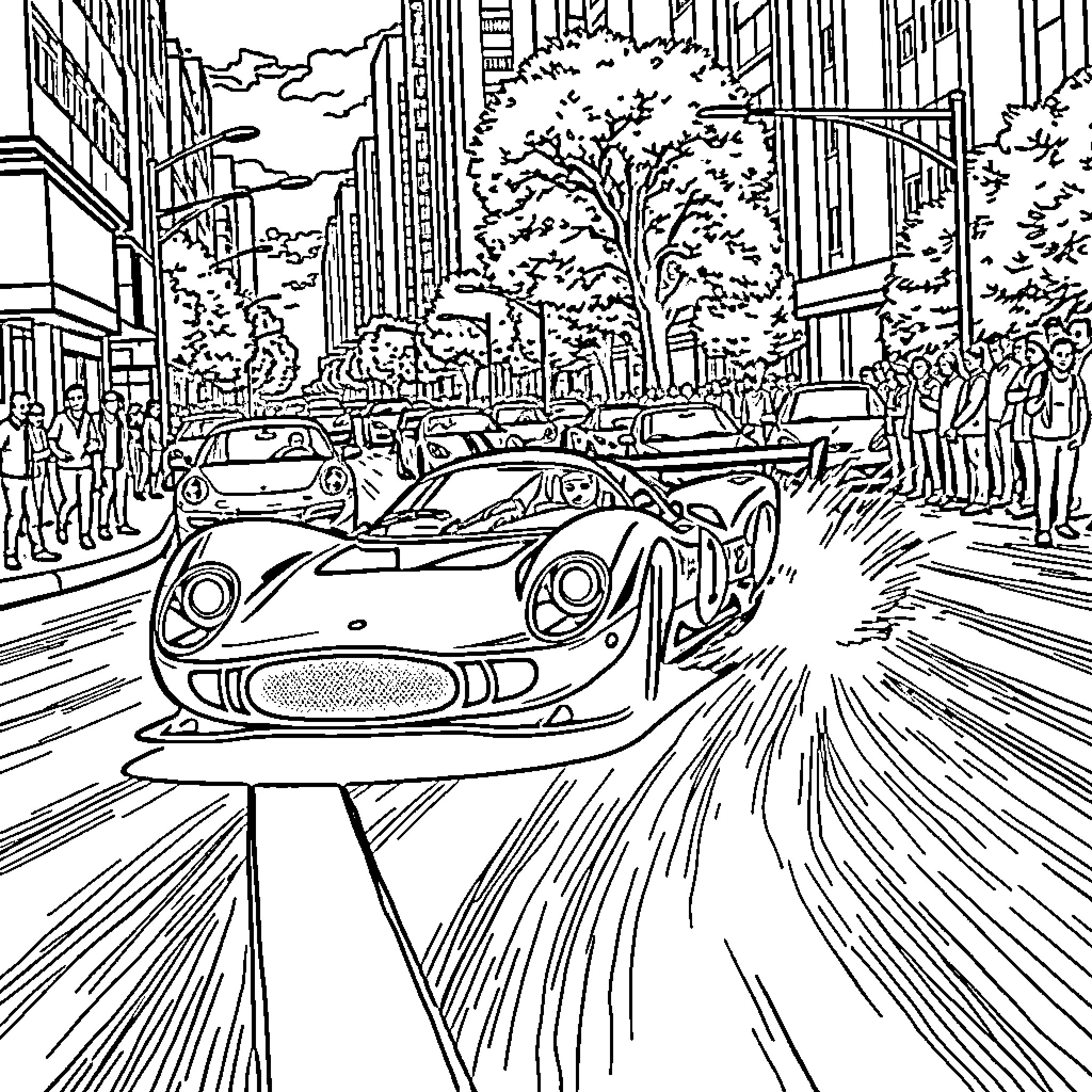 Race Car Speeding Through City Streets Coloring Page (free black-and-white line drawing printable PDF for all, from beginners to advanced learners, including children, teens, adults, and seniors)