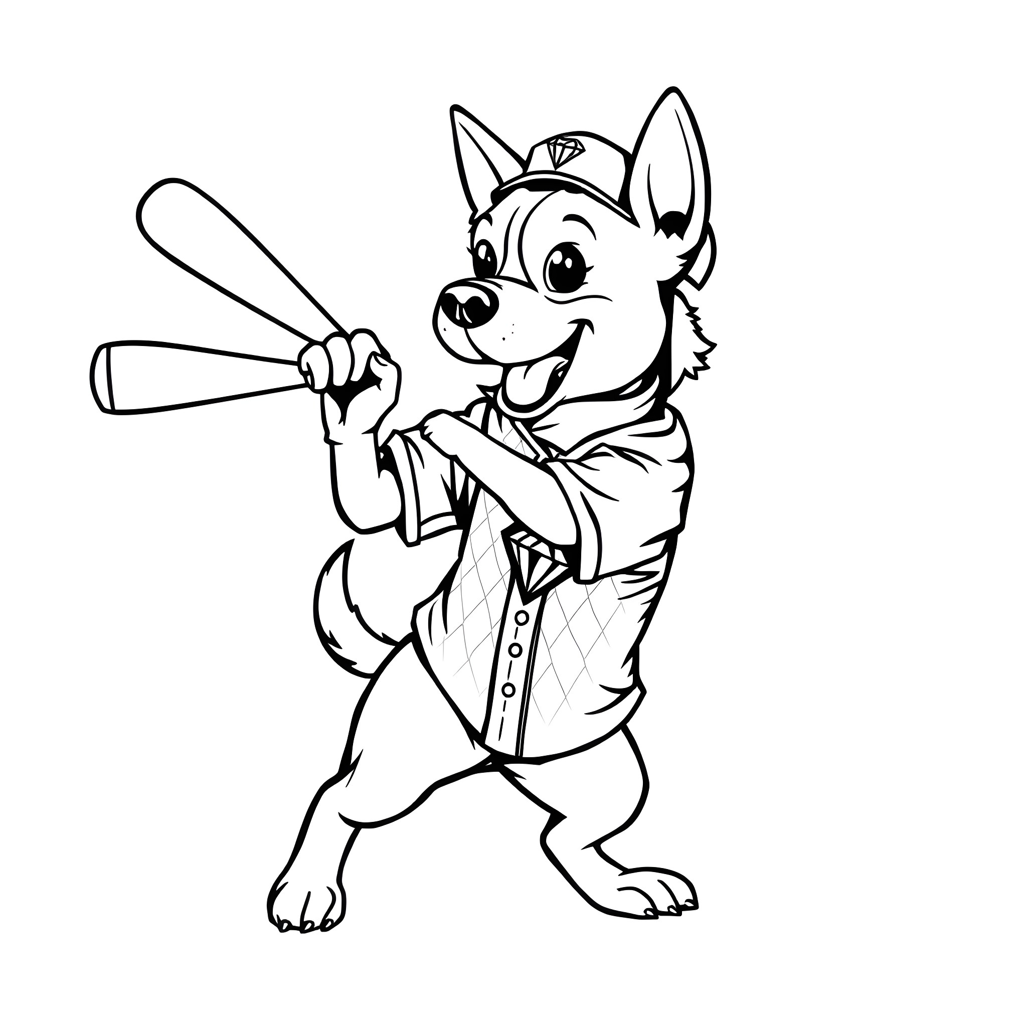 Dog playing baseball with joy Coloring Page (free black-and-white line drawing printable PDF for all, from beginners to advanced learners, including children, teens, adults, and seniors)