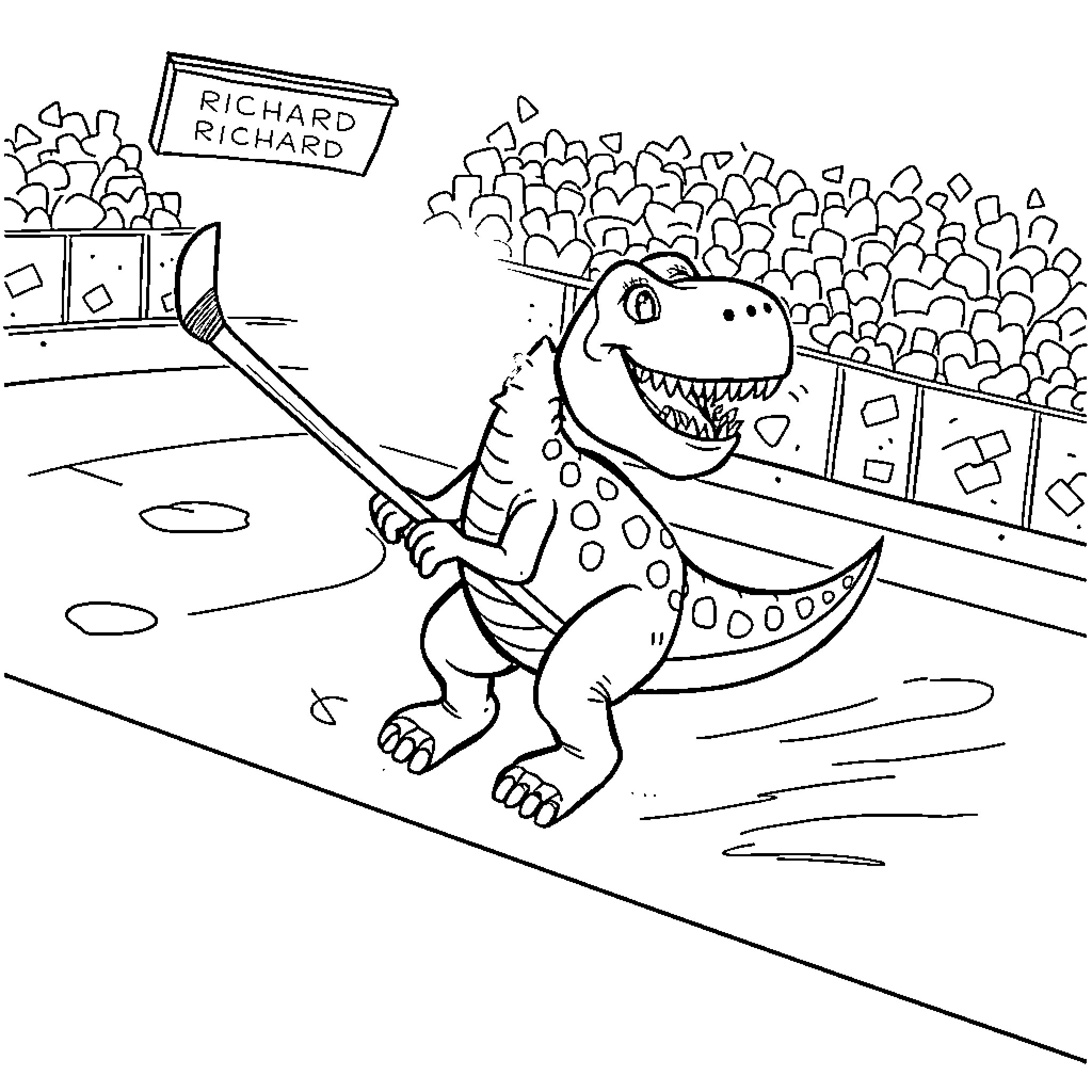 Dinosaur performer entertaining the crowd Coloring Page (free black-and-white line drawing printable PDF for all, from beginners to advanced learners, including children, teens, adults, and seniors)
