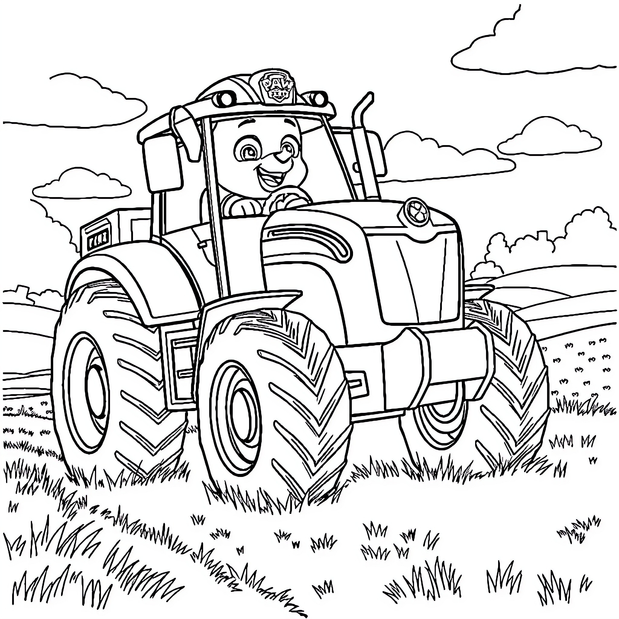 Paw Patrol Pup Operating a Farm Tractor Coloring Page (free black-and-white line drawing printable PDF for all, from beginners to advanced learners, including children, teens, adults, and seniors)