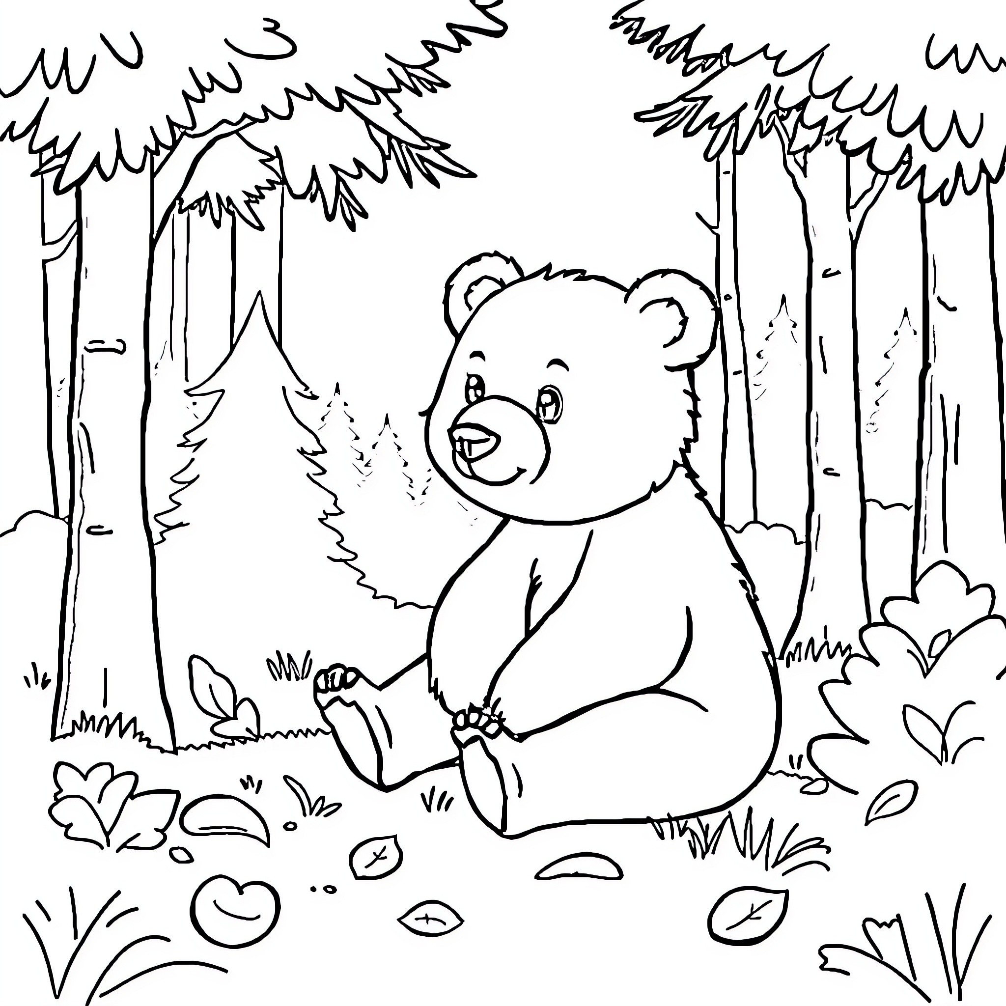 Bear enjoying a peaceful day in the forest Coloring Page (free black-and-white line drawing printable PDF for all, from beginners to advanced learners, including children, teens, adults, and seniors)