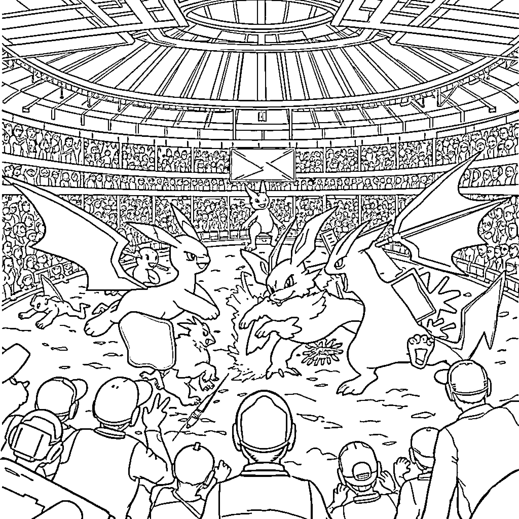 Pokémon Battling in the Stadium Arena Coloring Page (free black-and-white line drawing printable PDF for all, from beginners to advanced learners, including children, teens, adults, and seniors)