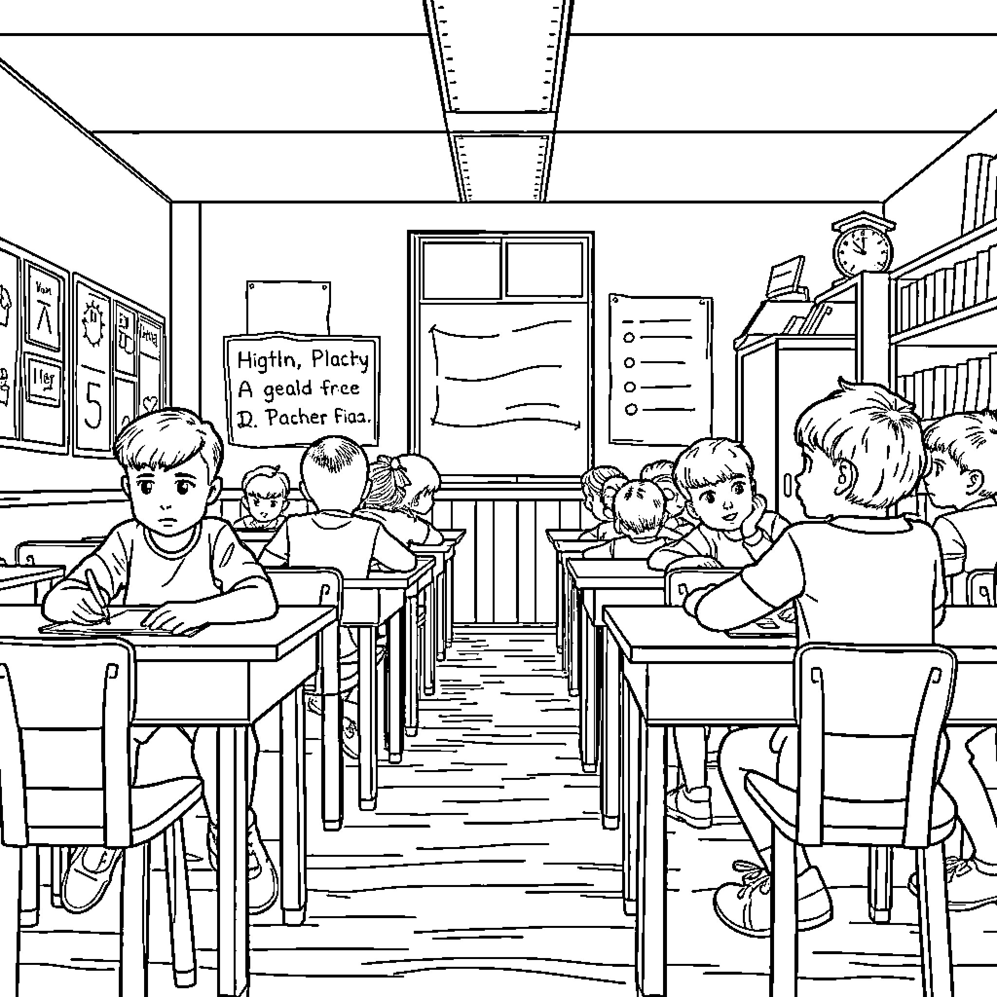 Students Studying Diligently in Classroom Coloring Page (free black-and-white line drawing printable PDF for all, from beginners to advanced learners, including children, teens, adults, and seniors)
