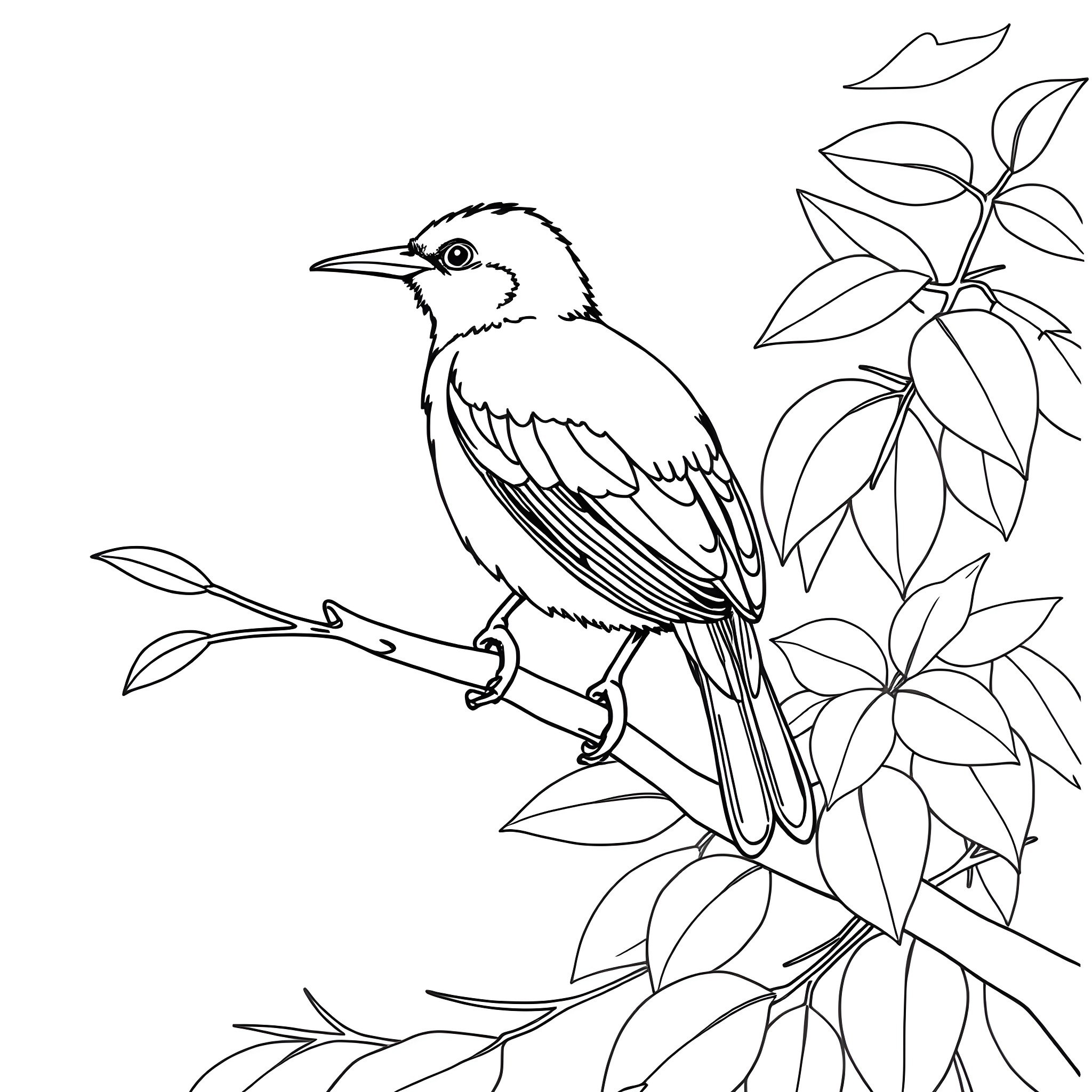 Oriolus bird perched on a branch amid foliage Coloring Page (free black-and-white line drawing printable PDF for all, from beginners to advanced learners, including children, teens, adults, and seniors)