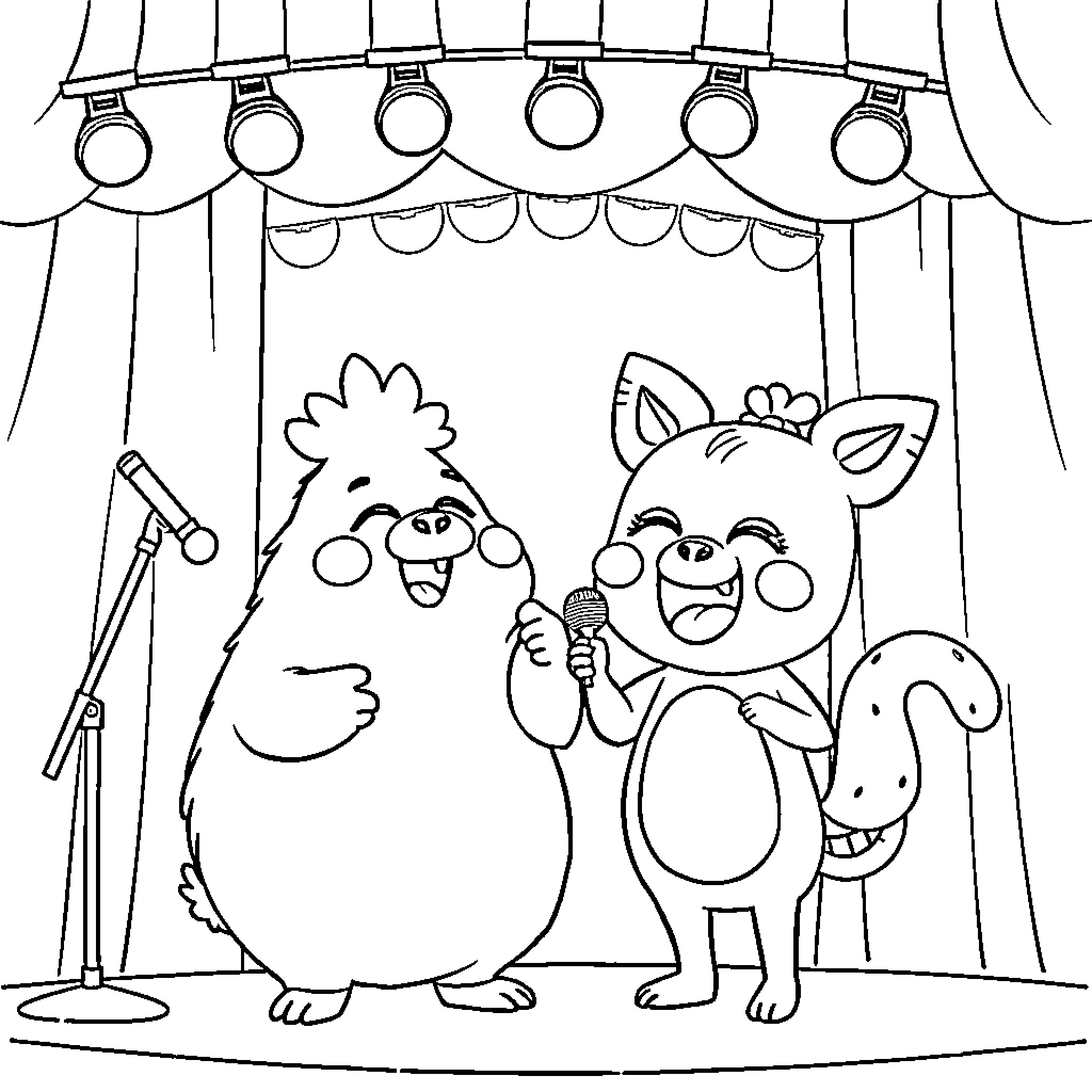 Hogi Animal Performers Singing on Stage Coloring Page (free black-and-white line drawing printable PDF for all, from beginners to advanced learners, including children, teens, adults, and seniors)