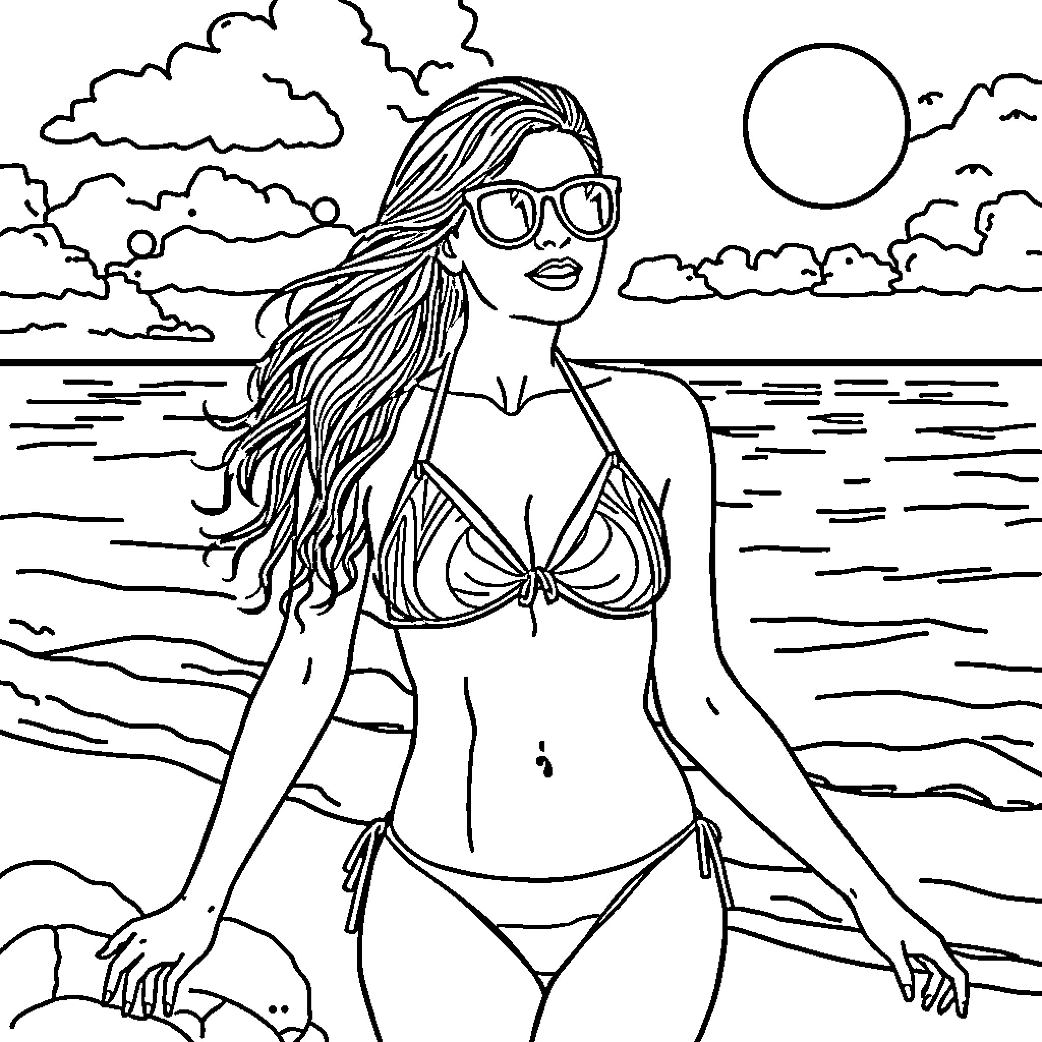 Woman enjoying the beach in swimwear Coloring Page (free black-and-white line drawing printable PDF for all, from beginners to advanced learners, including children, teens, adults, and seniors)