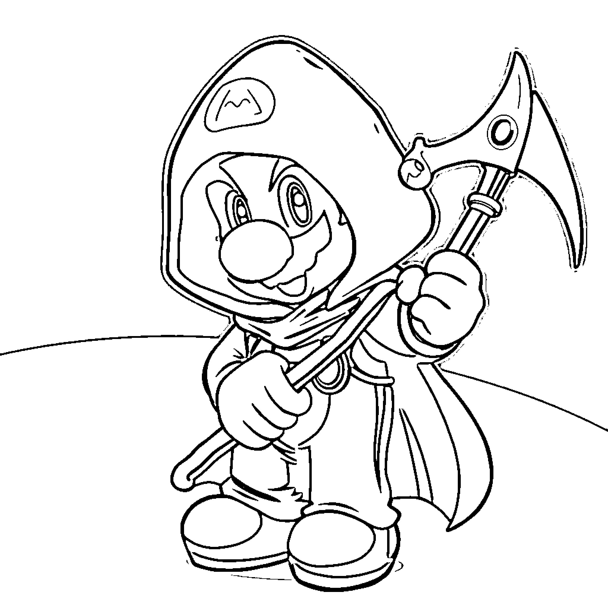 Mario Wielding His Iconic Hammer Coloring Page (free black-and-white line drawing printable PDF for all, from beginners to advanced learners, including children, teens, adults, and seniors)