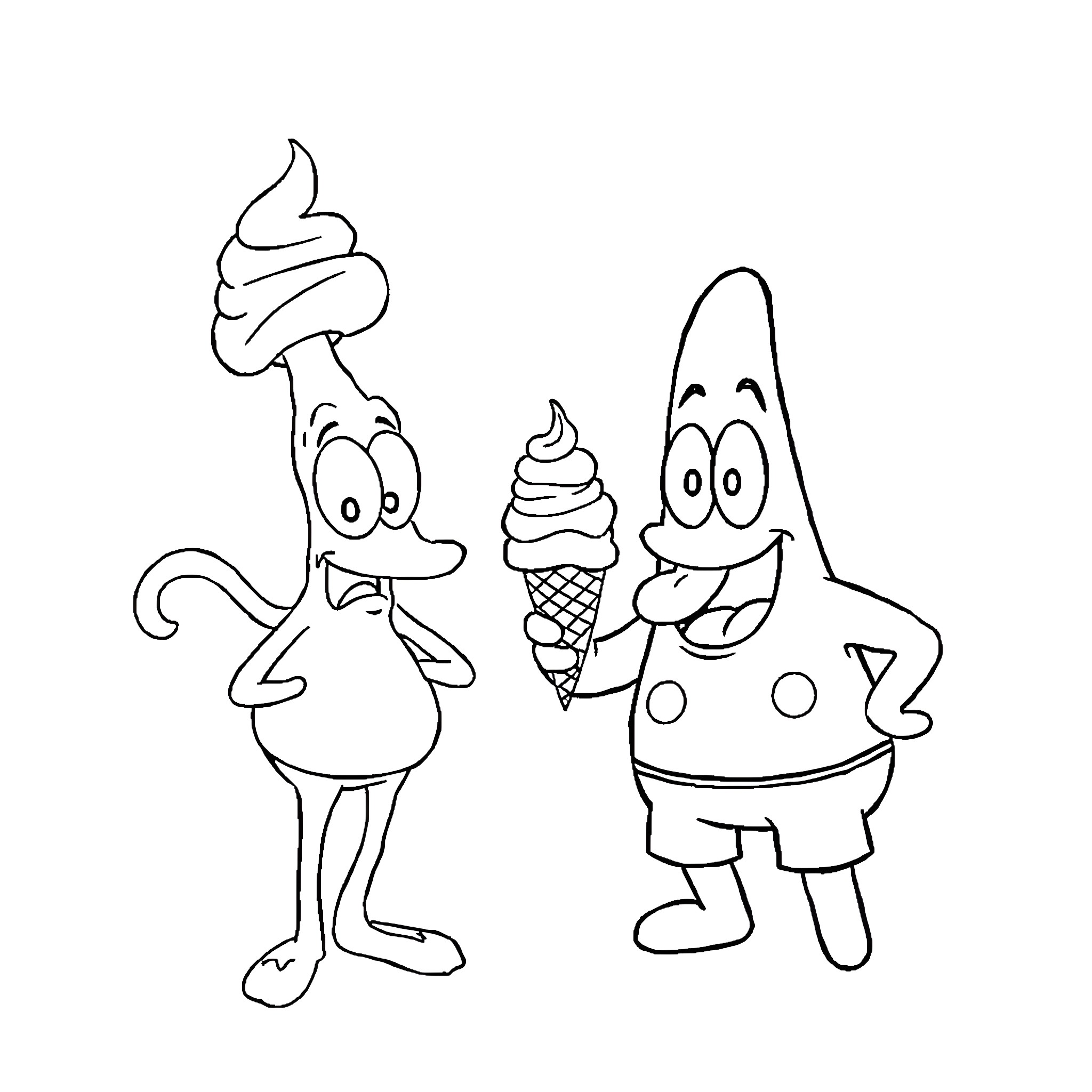 Patrick Star enjoying ice cream with friend Coloring Page (free black-and-white line drawing printable PDF for all, from beginners to advanced learners, including children, teens, adults, and seniors)