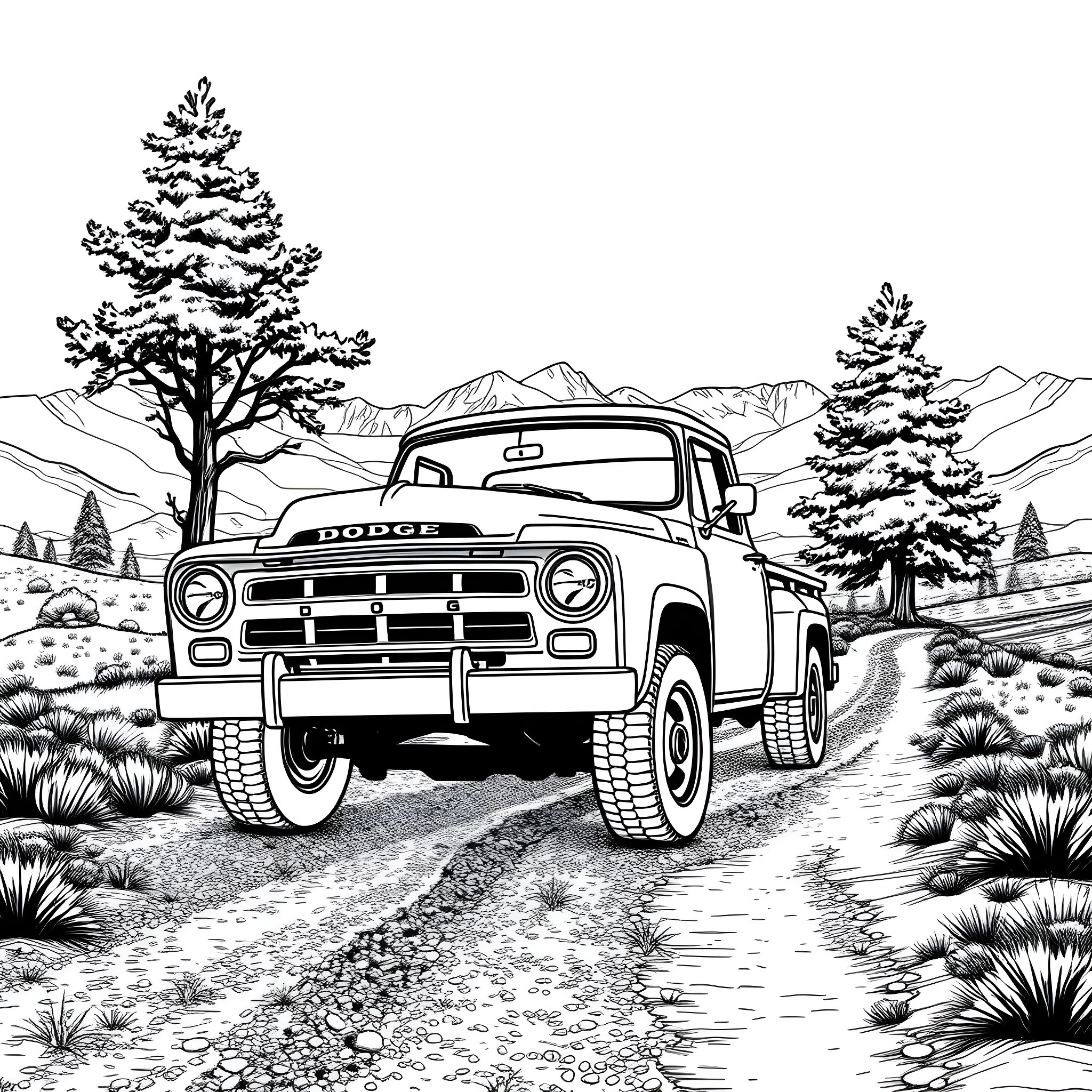 Dodge Pickup Truck Driving Through Snowy Mountain Landscape Coloring Page (free black-and-white line drawing printable PDF for all, from beginners to advanced learners, including children, teens, adults, and seniors)