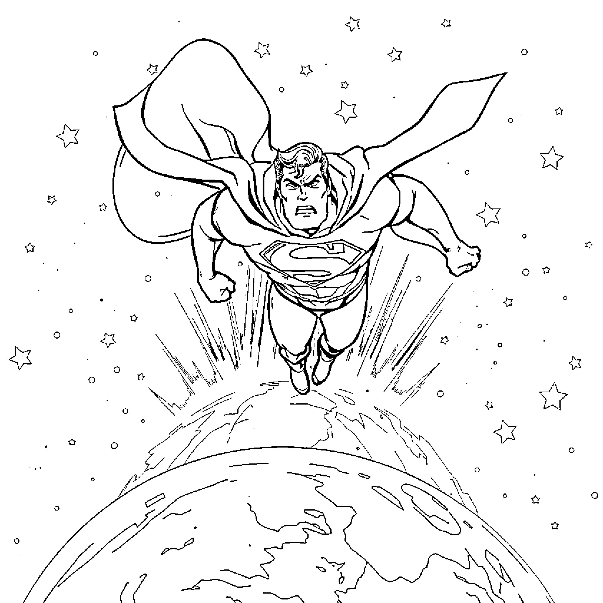 Superman soaring through the universe with determination Coloring Page (free black-and-white line drawing printable PDF for all, from beginners to advanced learners, including children, teens, adults, and seniors)