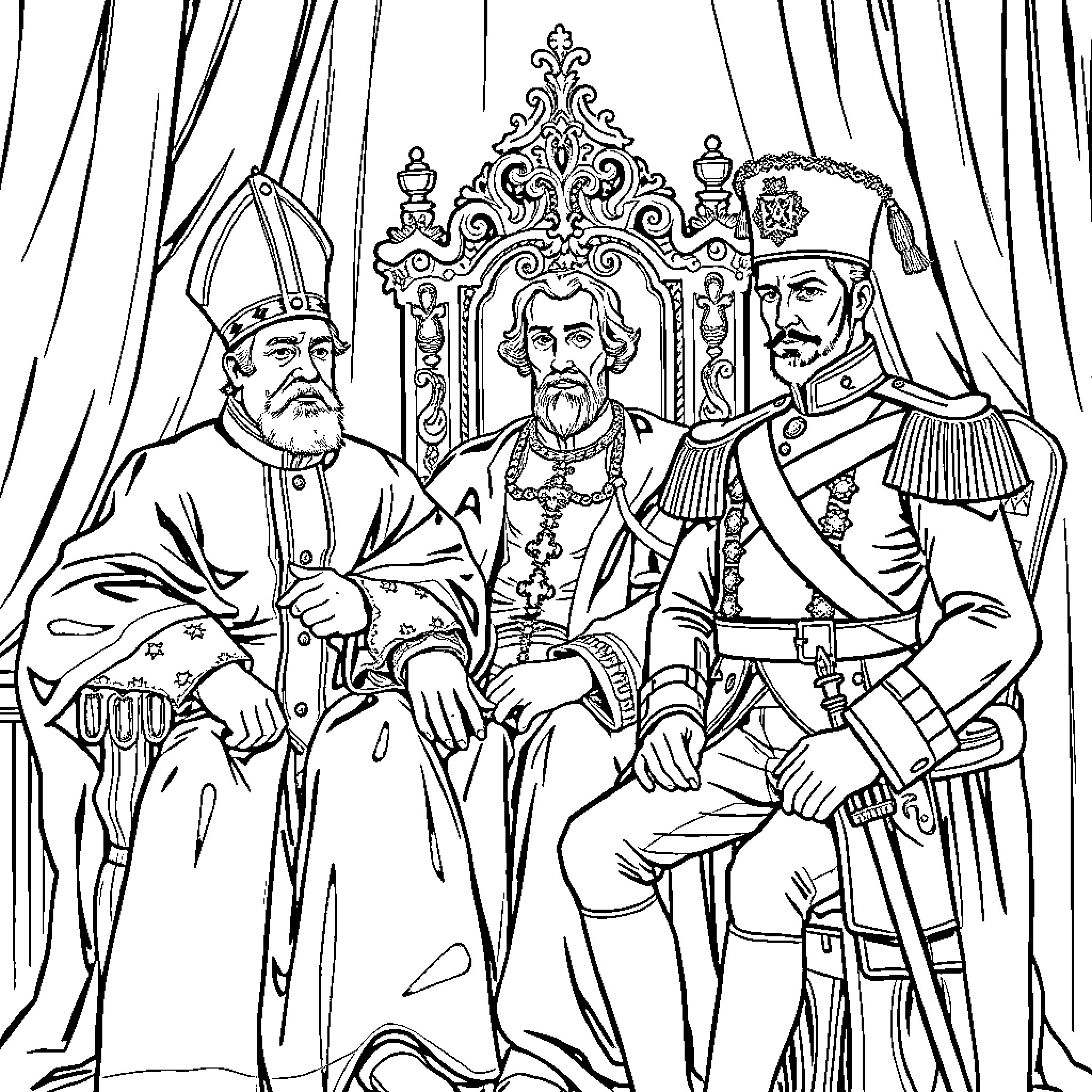 Cardinal Religious Leaders in Ornate Attire Coloring Page (free black-and-white line drawing printable PDF for all, from beginners to advanced learners, including children, teens, adults, and seniors)