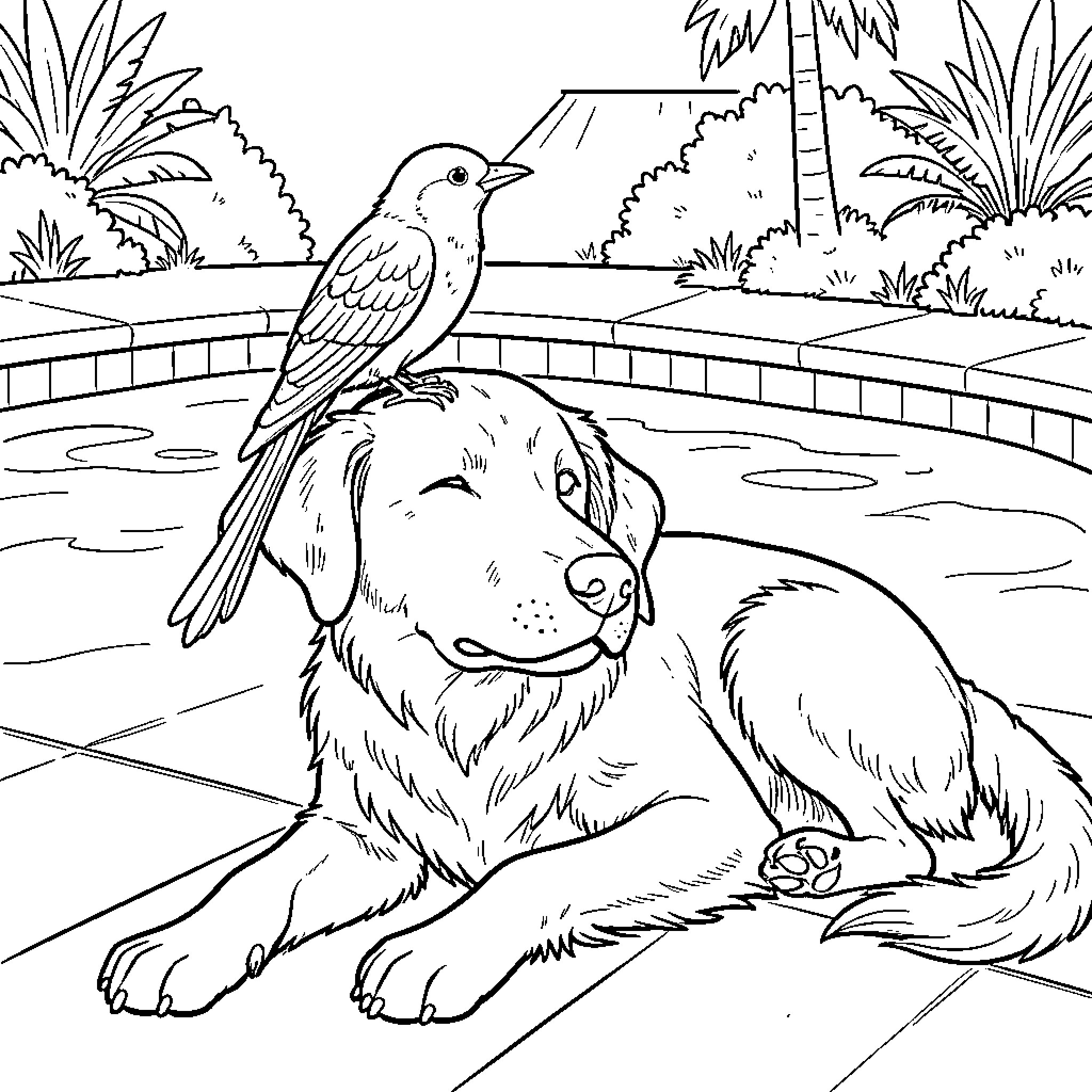 Bird perched calmly on a resting dog Coloring Page (free black-and-white line drawing printable PDF for all, from beginners to advanced learners, including children, teens, adults, and seniors)