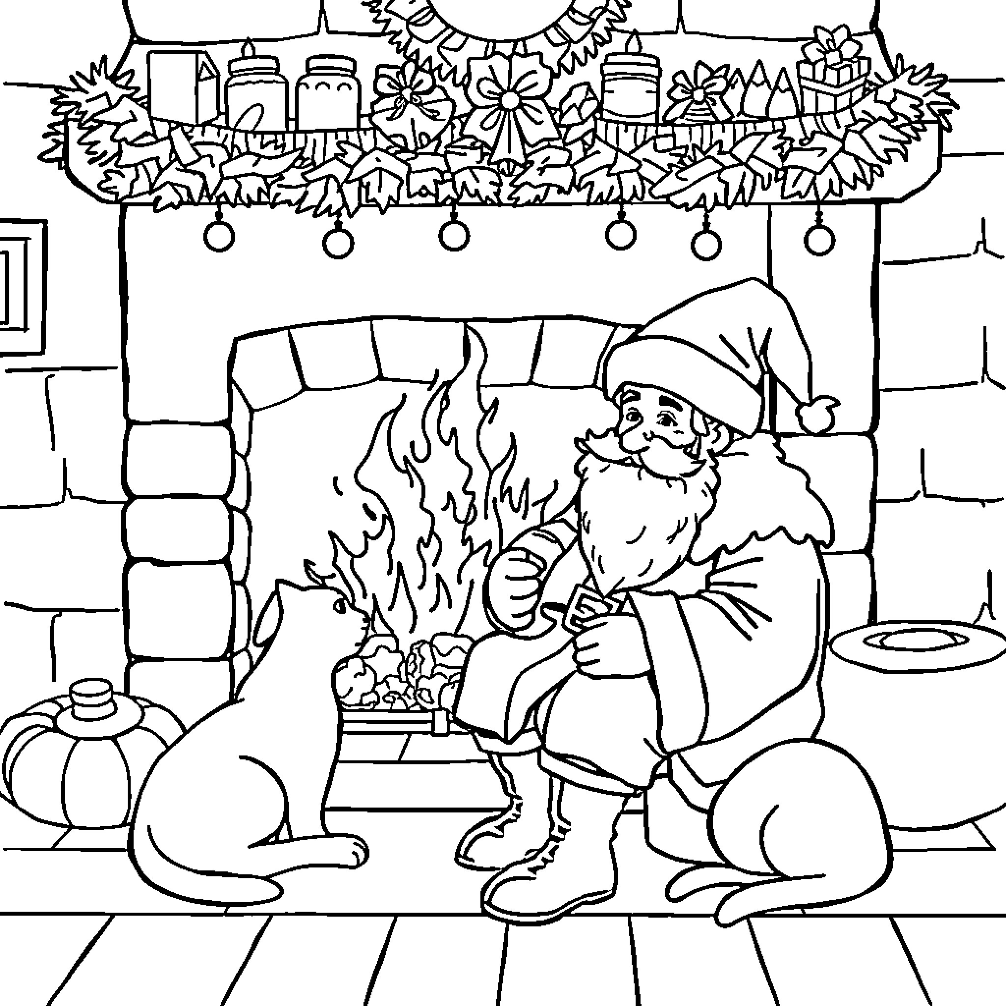 Sinterklaas in festive home with fireplace and gifts Coloring Page (free black-and-white line drawing printable PDF for all, from beginners to advanced learners, including children, teens, adults, and seniors)