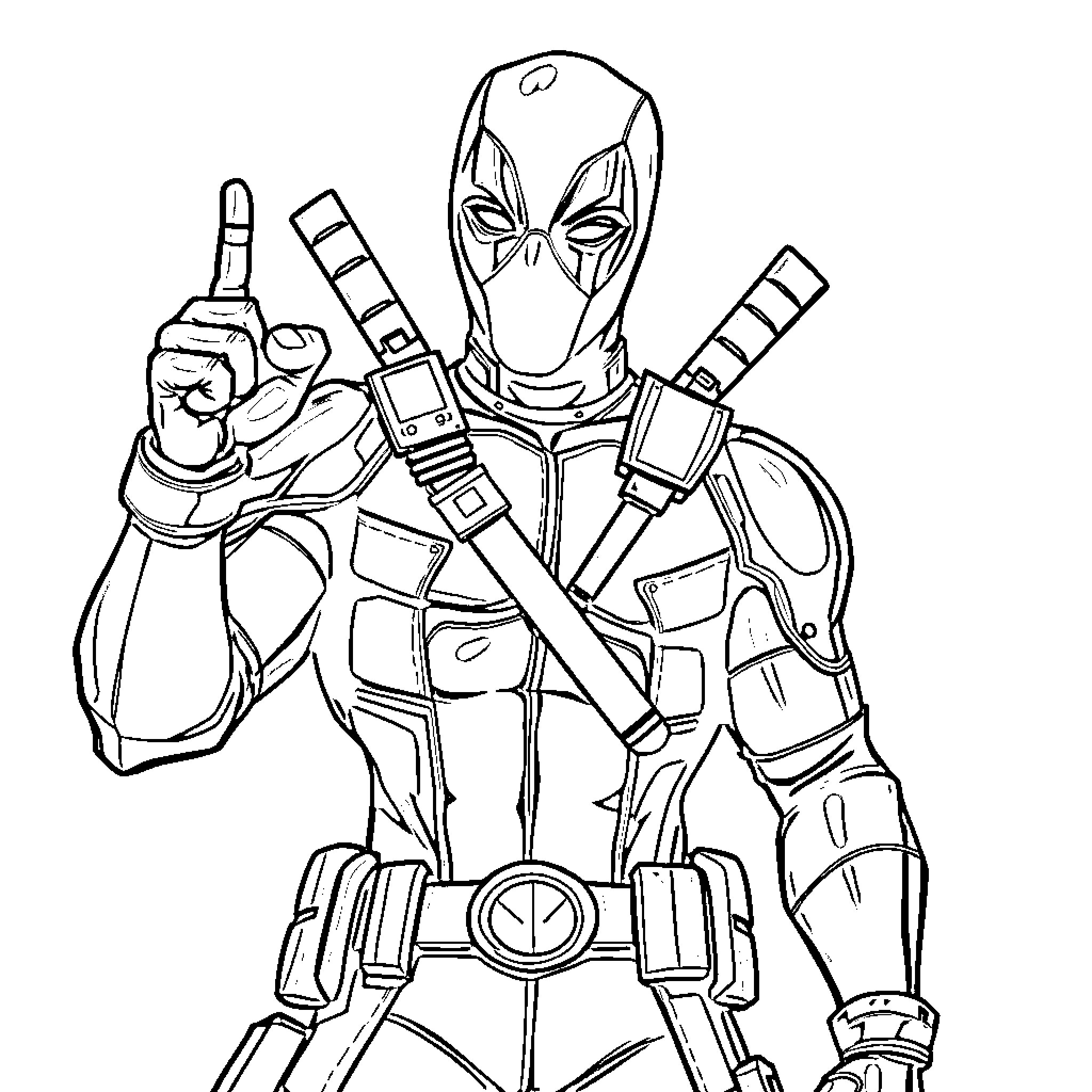 Deadpool striking an action pose with weapons Coloring Page (free black-and-white line drawing printable PDF for all, from beginners to advanced learners, including children, teens, adults, and seniors)