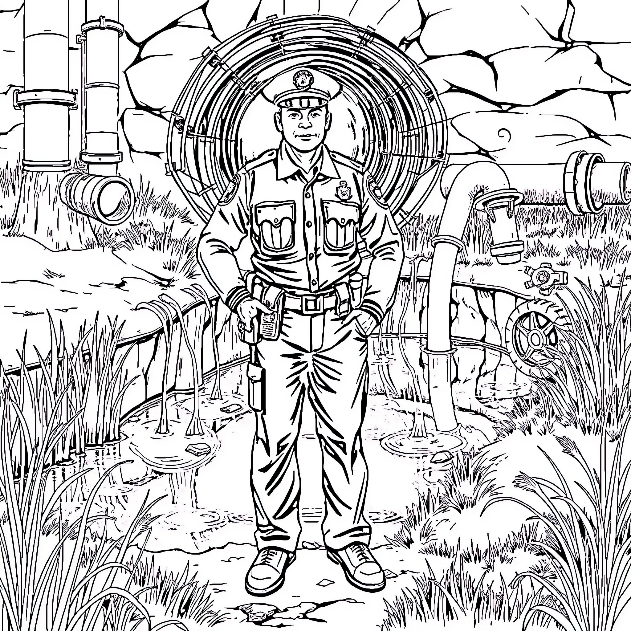 Police Chief in the field with equipment and weaponry Coloring Page (free black-and-white line drawing printable PDF for all, from beginners to advanced learners, including children, teens, adults, and seniors)