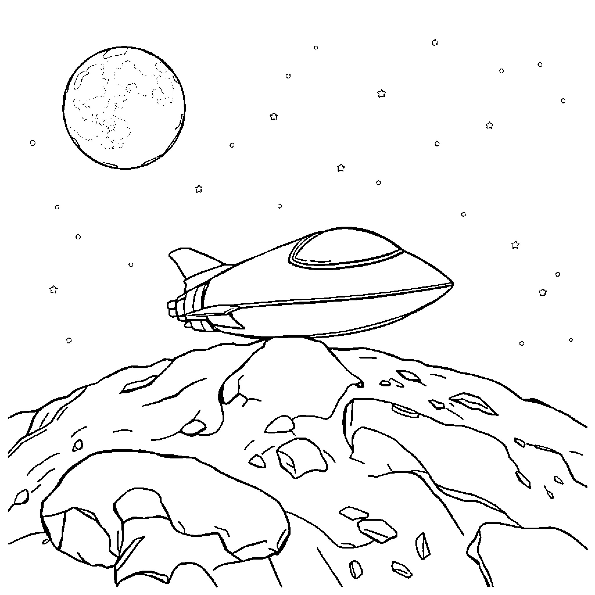 Spaceship flying over rocky alien landscape Coloring Page (free black-and-white line drawing printable PDF for all, from beginners to advanced learners, including children, teens, adults, and seniors)