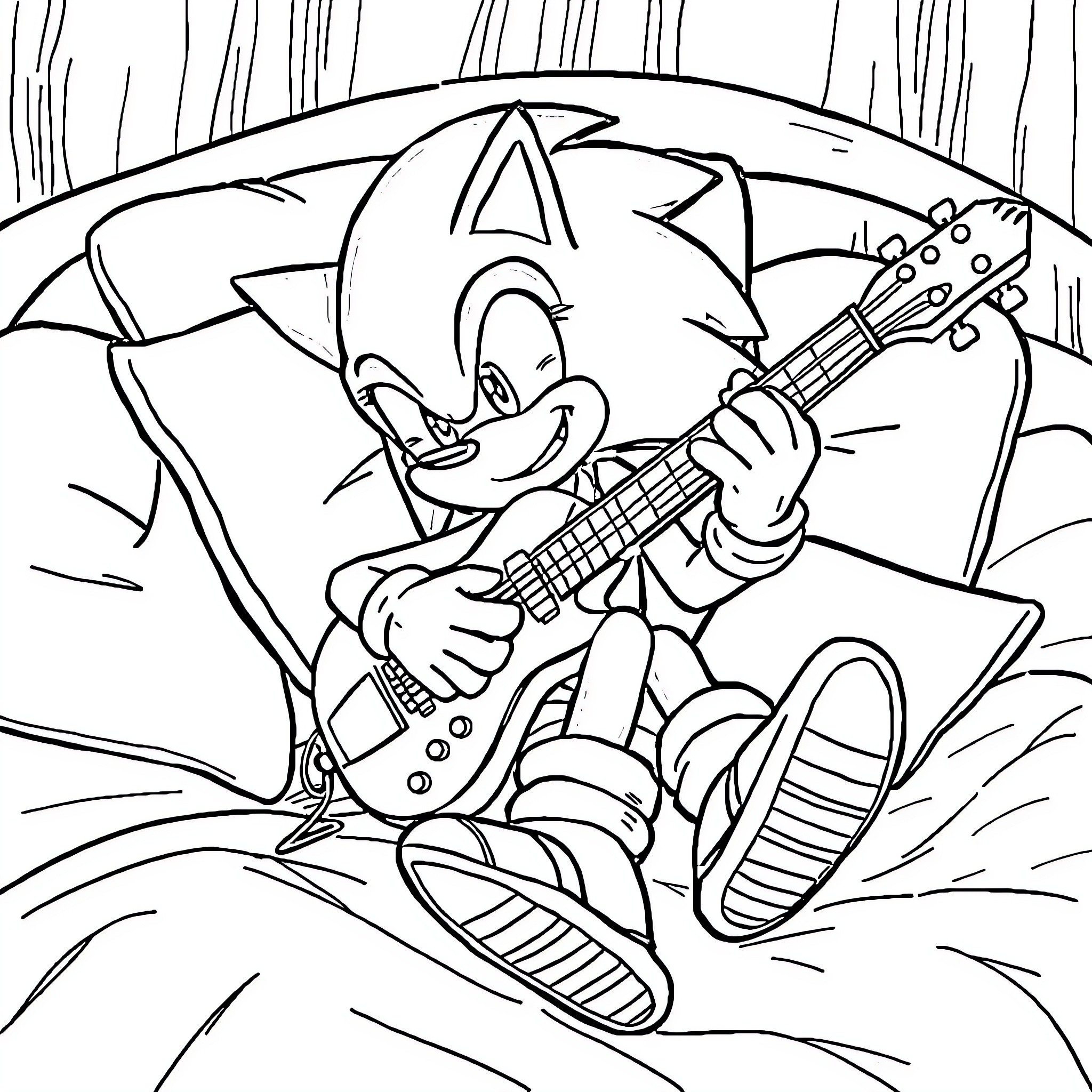 Sonic playing guitar in the rain Coloring Page (free black-and-white line drawing printable PDF for all, from beginners to advanced learners, including children, teens, adults, and seniors)