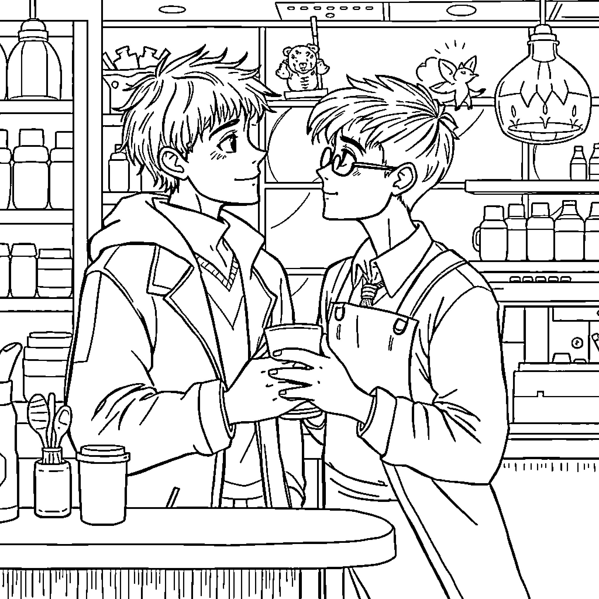 Boys interacting in science lab setting Coloring Page (free black-and-white line drawing printable PDF for all, from beginners to advanced learners, including children, teens, adults, and seniors)