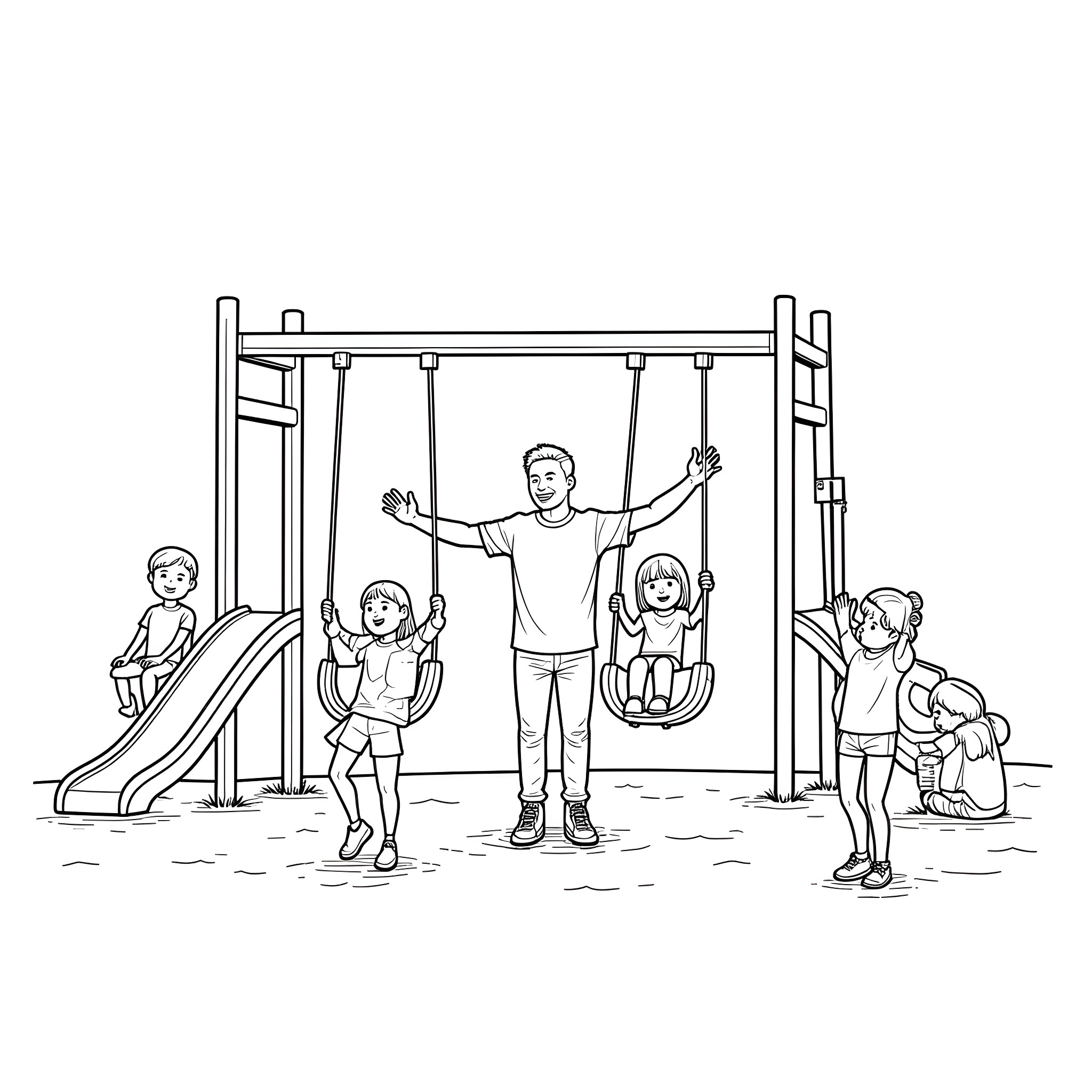 Elon Musk playing with children on a playground Coloring Page (free black-and-white line drawing printable PDF for all, from beginners to advanced learners, including children, teens, adults, and seniors)
