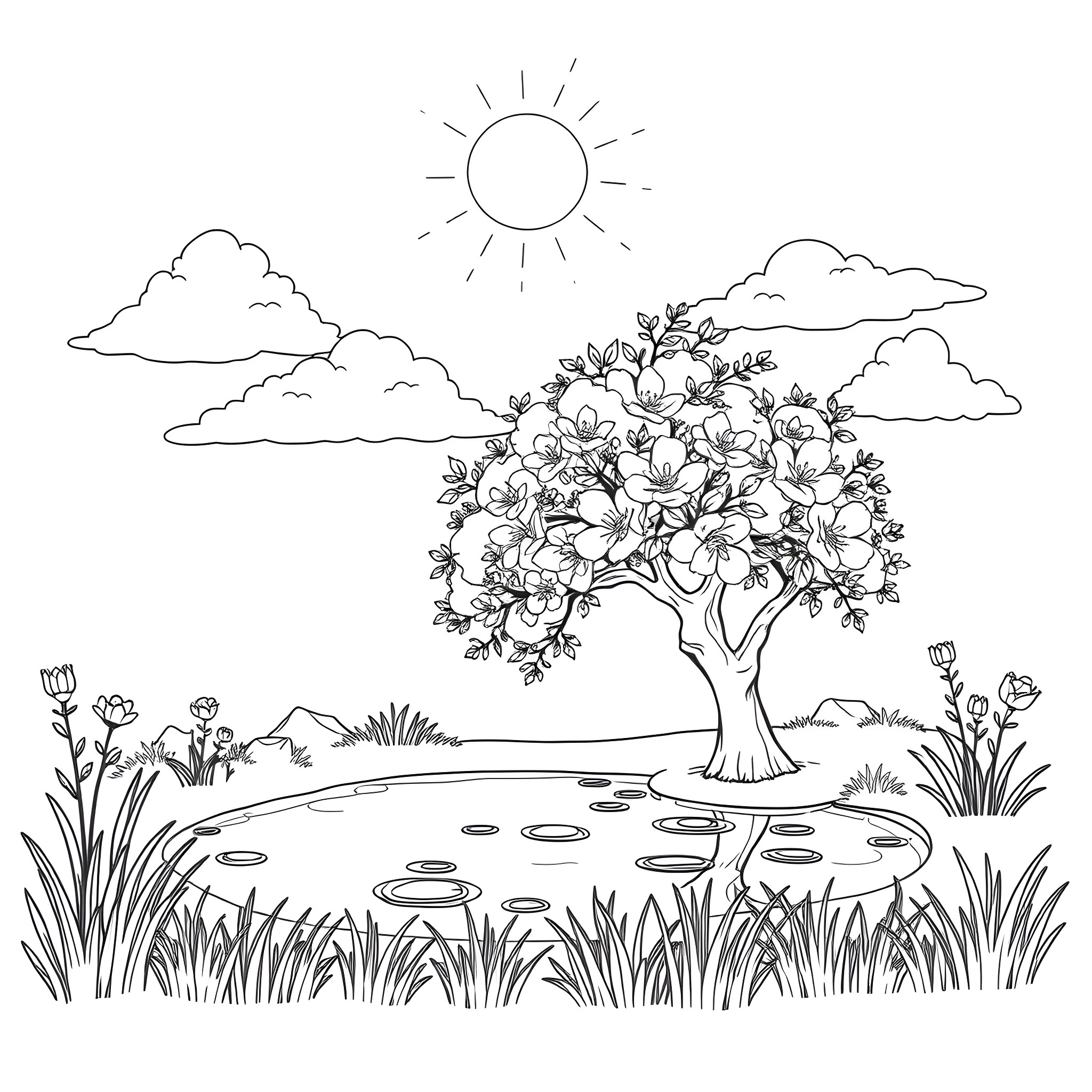 Garden with blooming tree and peaceful scenery Coloring Page (free black-and-white line drawing printable PDF for all, from beginners to advanced learners, including children, teens, adults, and seniors)