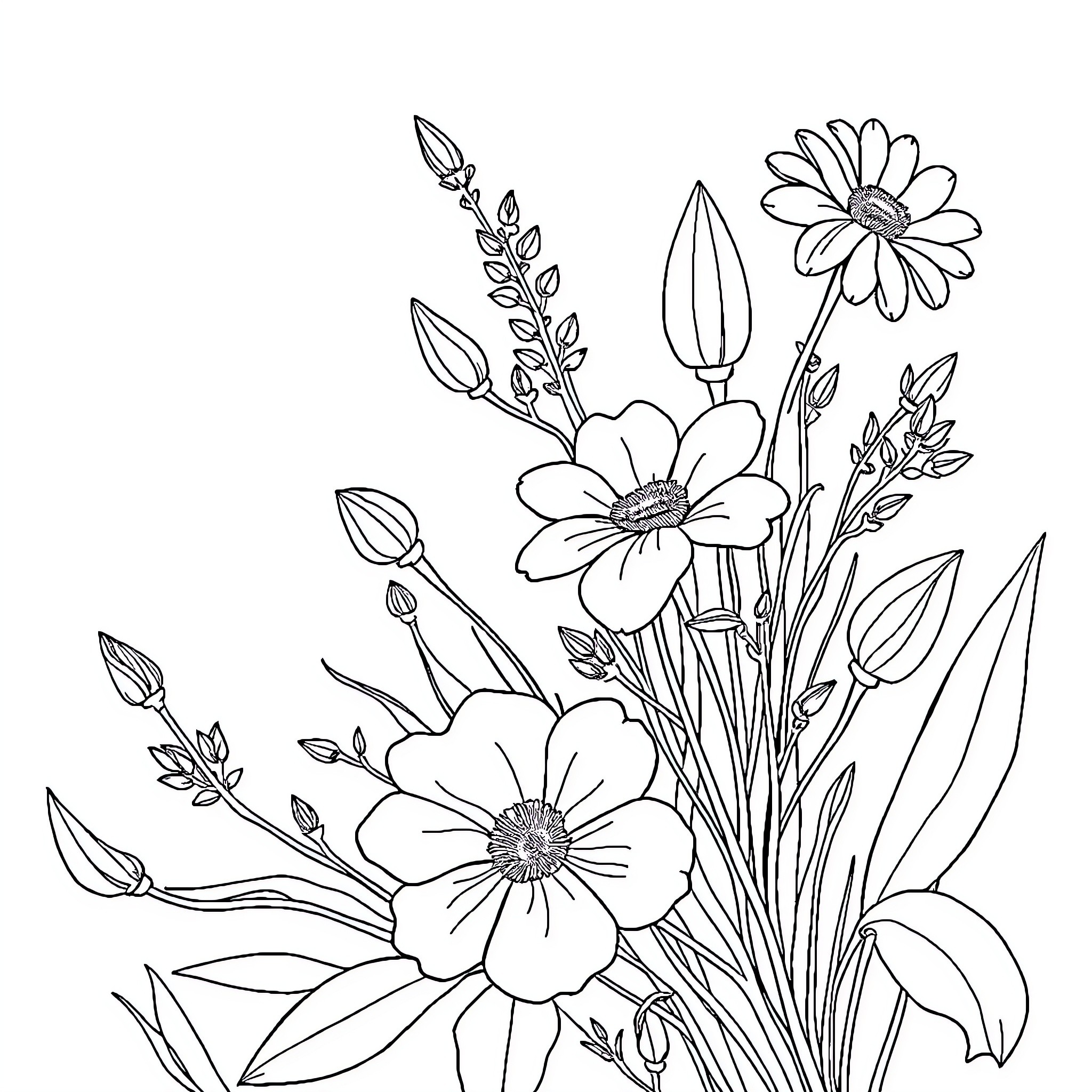Flower Sword Blooming Bouquet in Nature Coloring Page (free black-and-white line drawing printable PDF for all, from beginners to advanced learners, including children, teens, adults, and seniors)