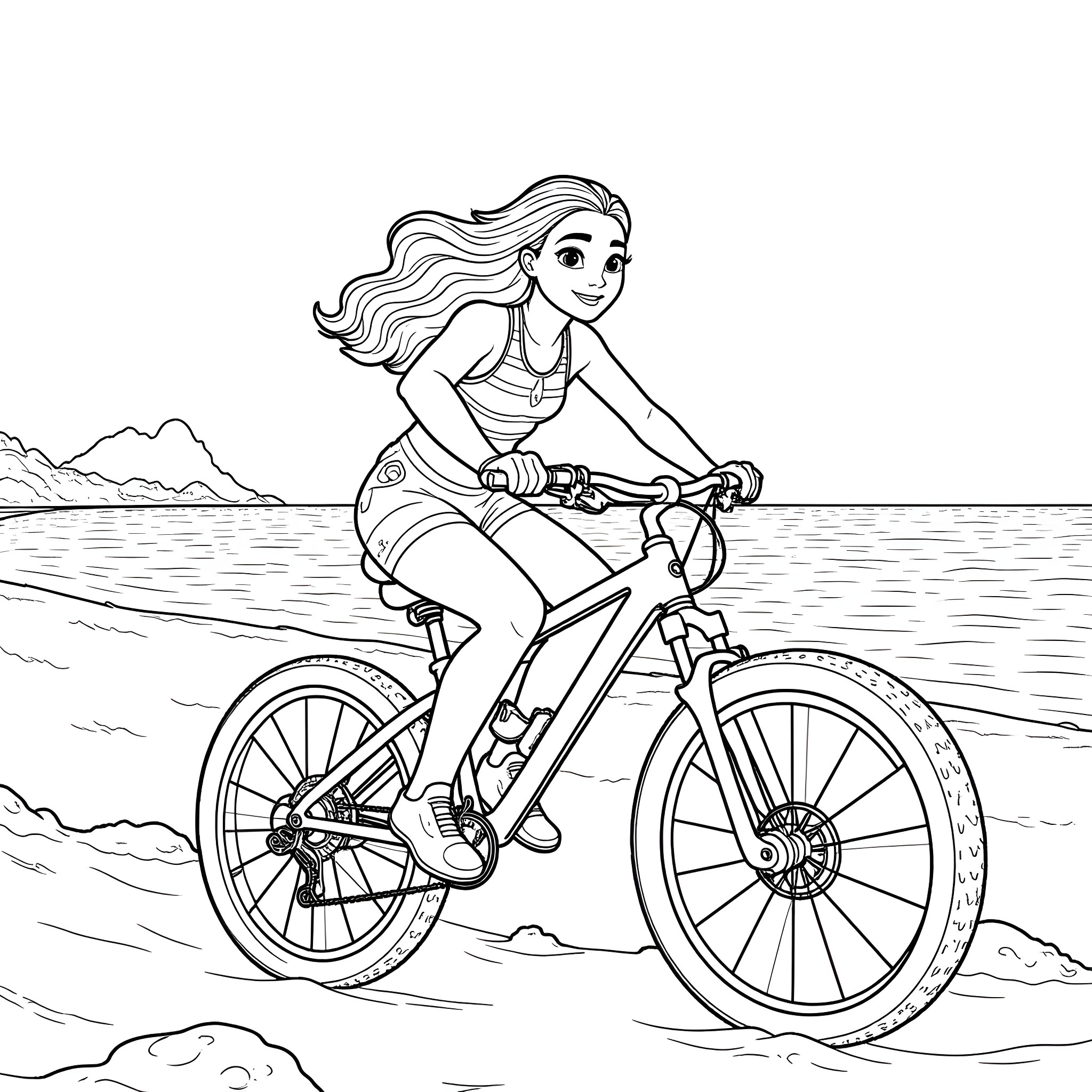 Moana riding a bicycle by the ocean Coloring Page (free black-and-white line drawing printable PDF for all, from beginners to advanced learners, including children, teens, adults, and seniors)