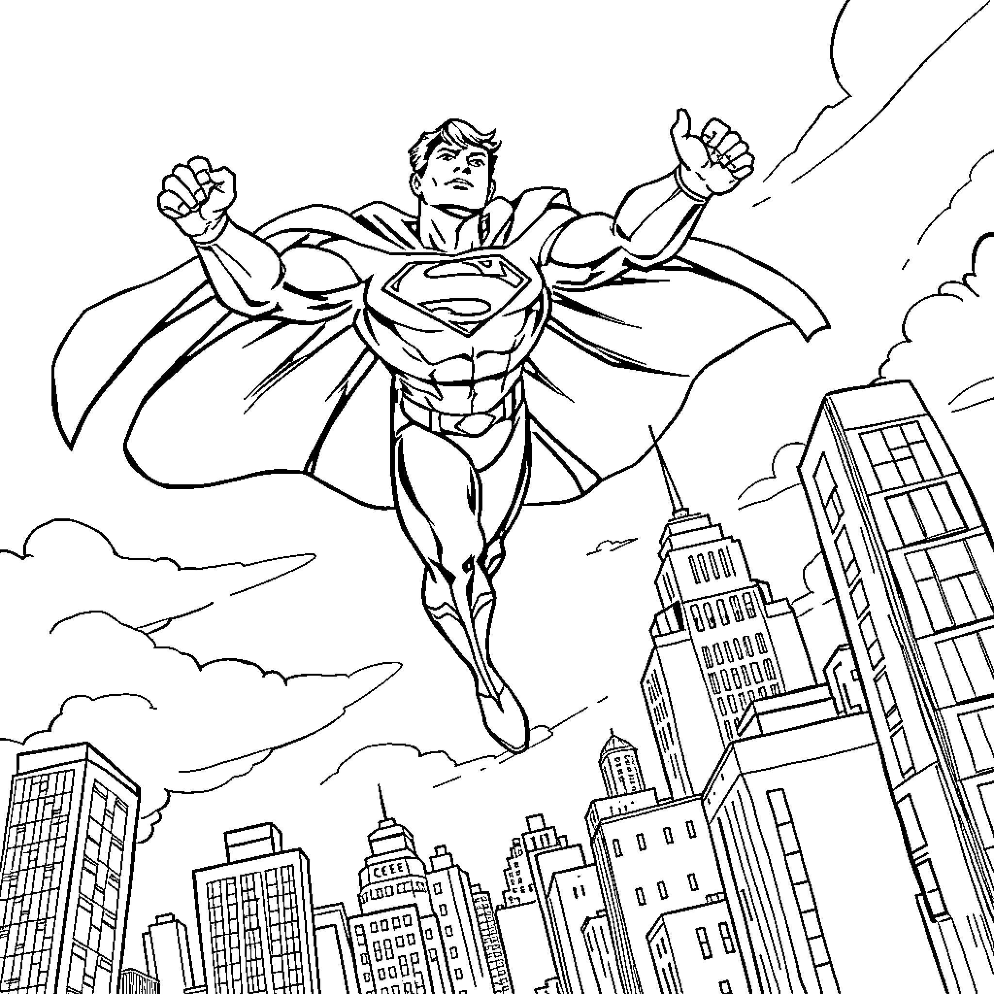 Superman saving the city with heroic action Coloring Page (free black-and-white line drawing printable PDF for all, from beginners to advanced learners, including children, teens, adults, and seniors)