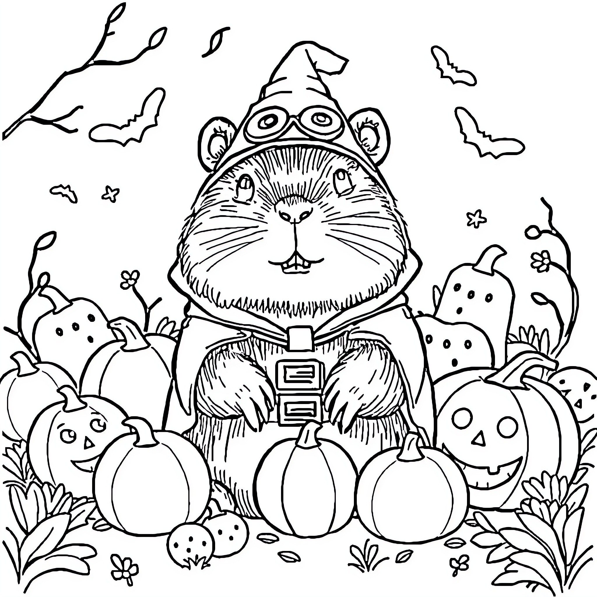Capybara in Halloween costume among pumpkins Coloring Page (free black-and-white line drawing printable PDF for all, from beginners to advanced learners, including children, teens, adults, and seniors)