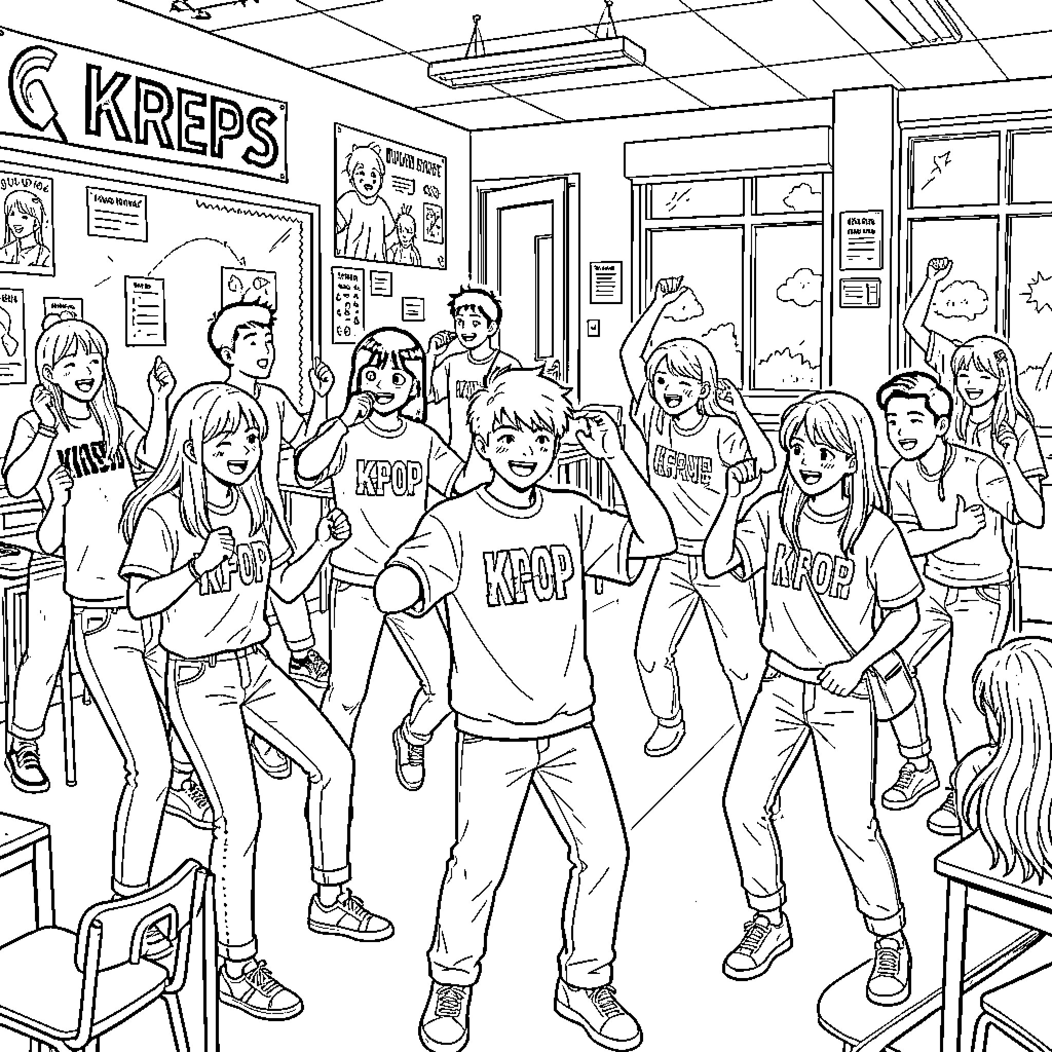 K Pop group dancing and celebrating in a classroom Coloring Page (free black-and-white line drawing printable PDF for all, from beginners to advanced learners, including children, teens, adults, and seniors)