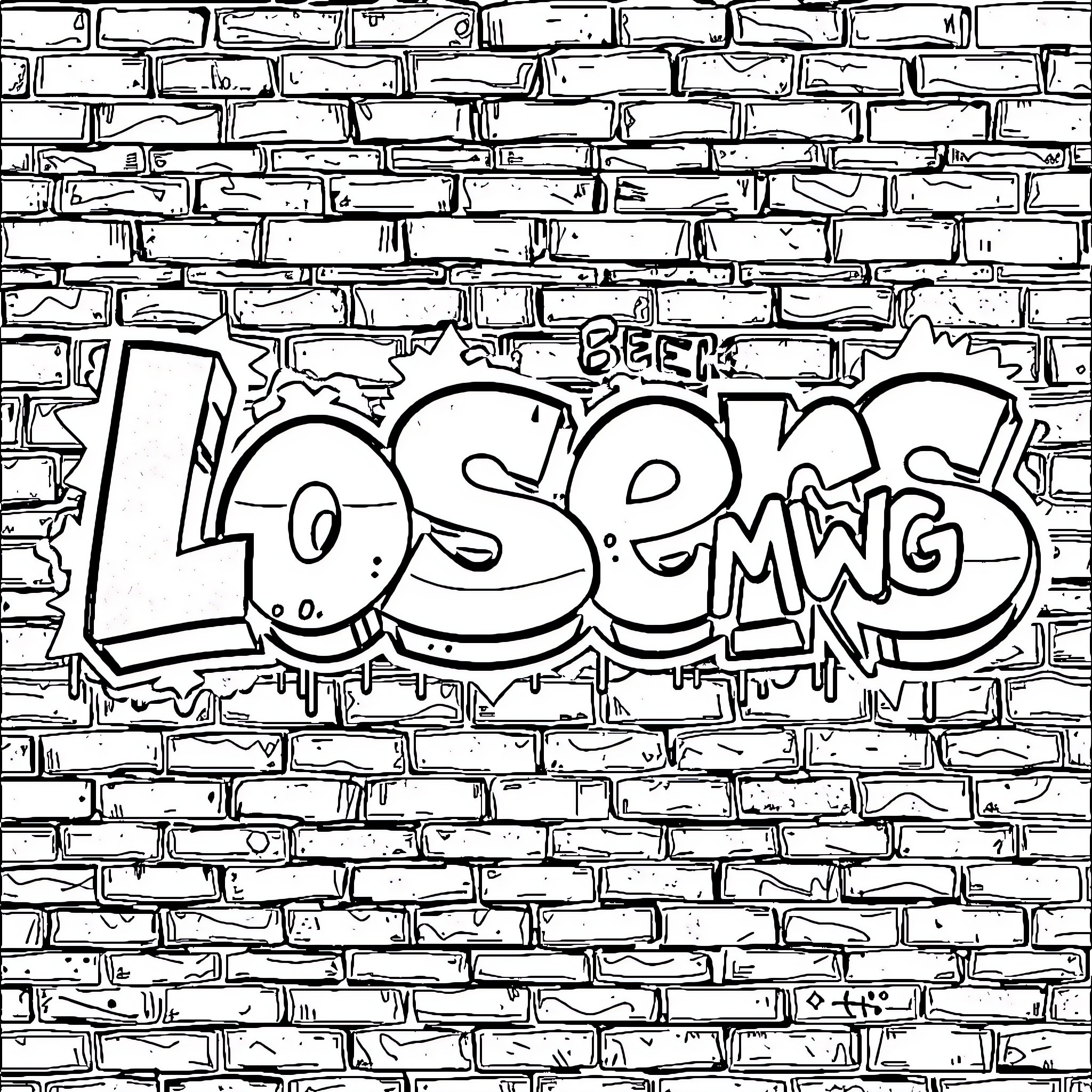 Graffiti with stylized text on brick wall Coloring Page (free black-and-white line drawing printable PDF for all, from beginners to advanced learners, including children, teens, adults, and seniors)