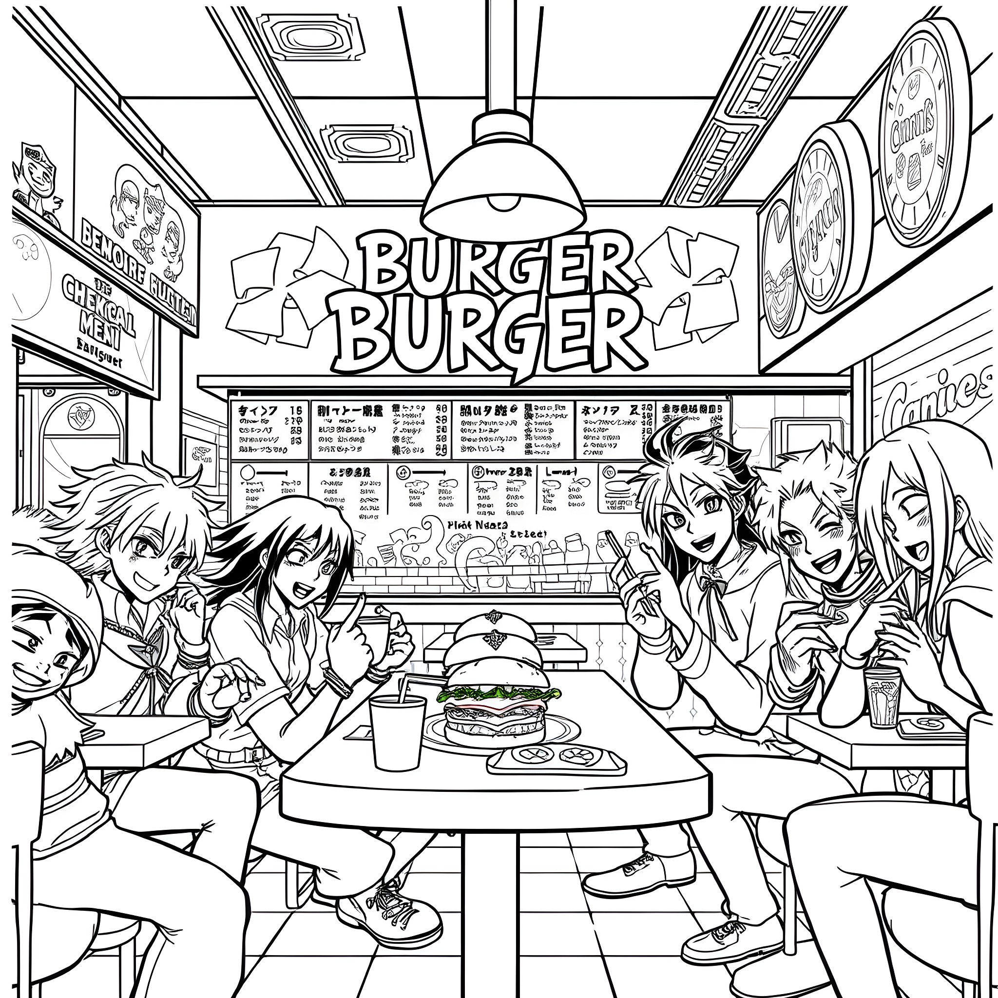 Demon Slayer Characters Enjoying Burgers at a Fast-Food Diner Coloring Page (free black-and-white line drawing printable PDF for all, from beginners to advanced learners, including children, teens, adults, and seniors)