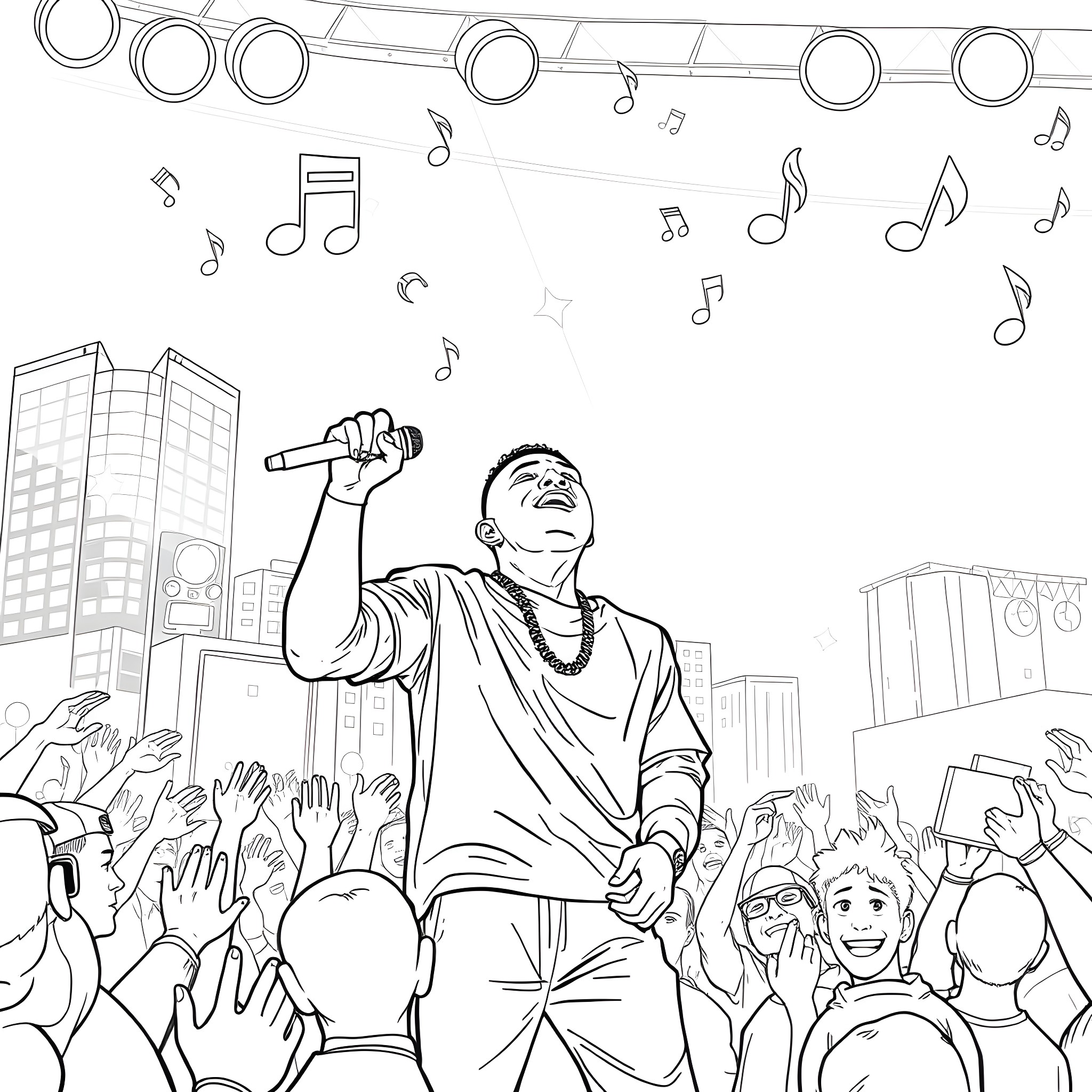 Rapper performing energetically on stage Coloring Page (free black-and-white line drawing printable PDF for all, from beginners to advanced learners, including children, teens, adults, and seniors)