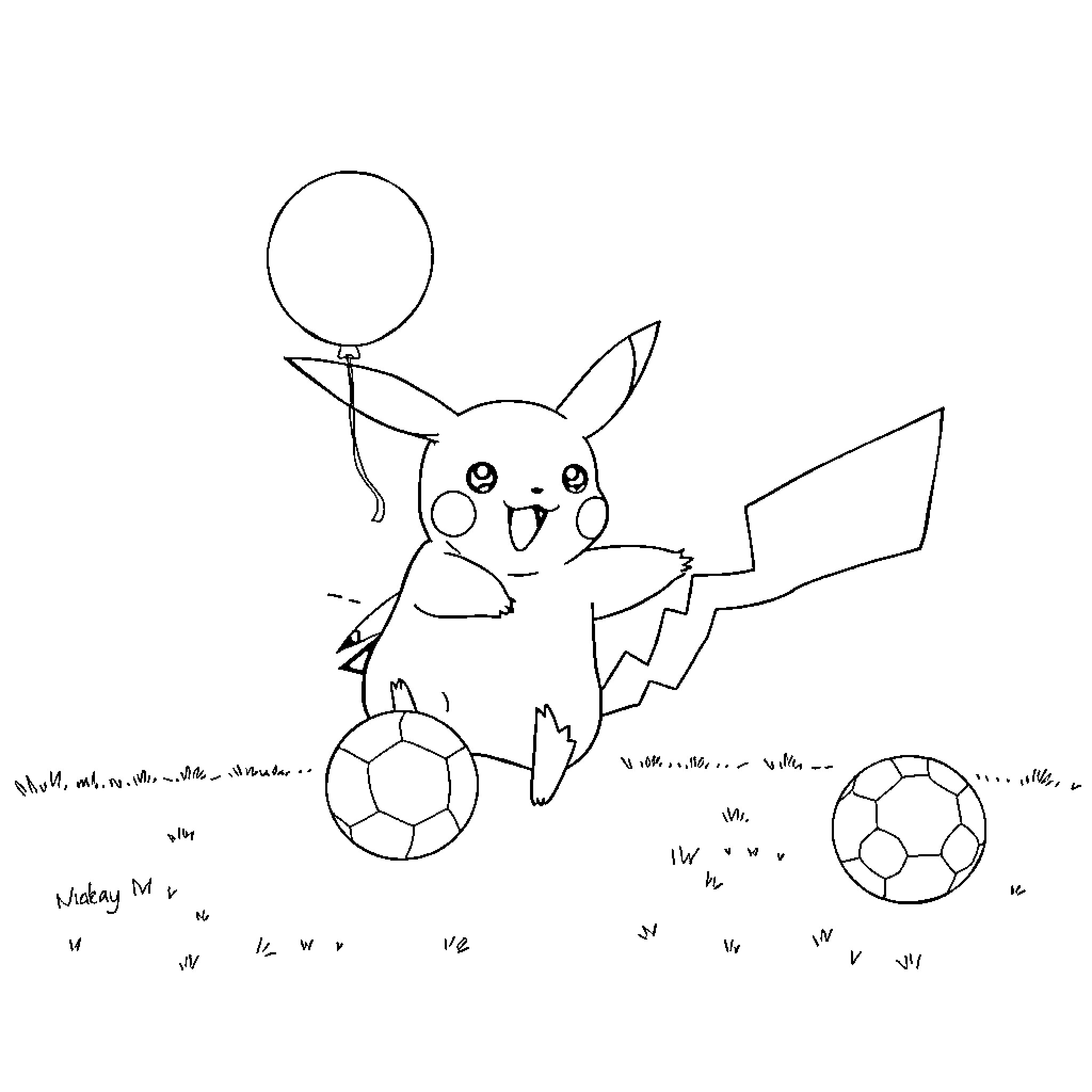Pikachu playing with soccer balls Coloring Page (free black-and-white line drawing printable PDF for all, from beginners to advanced learners, including children, teens, adults, and seniors)