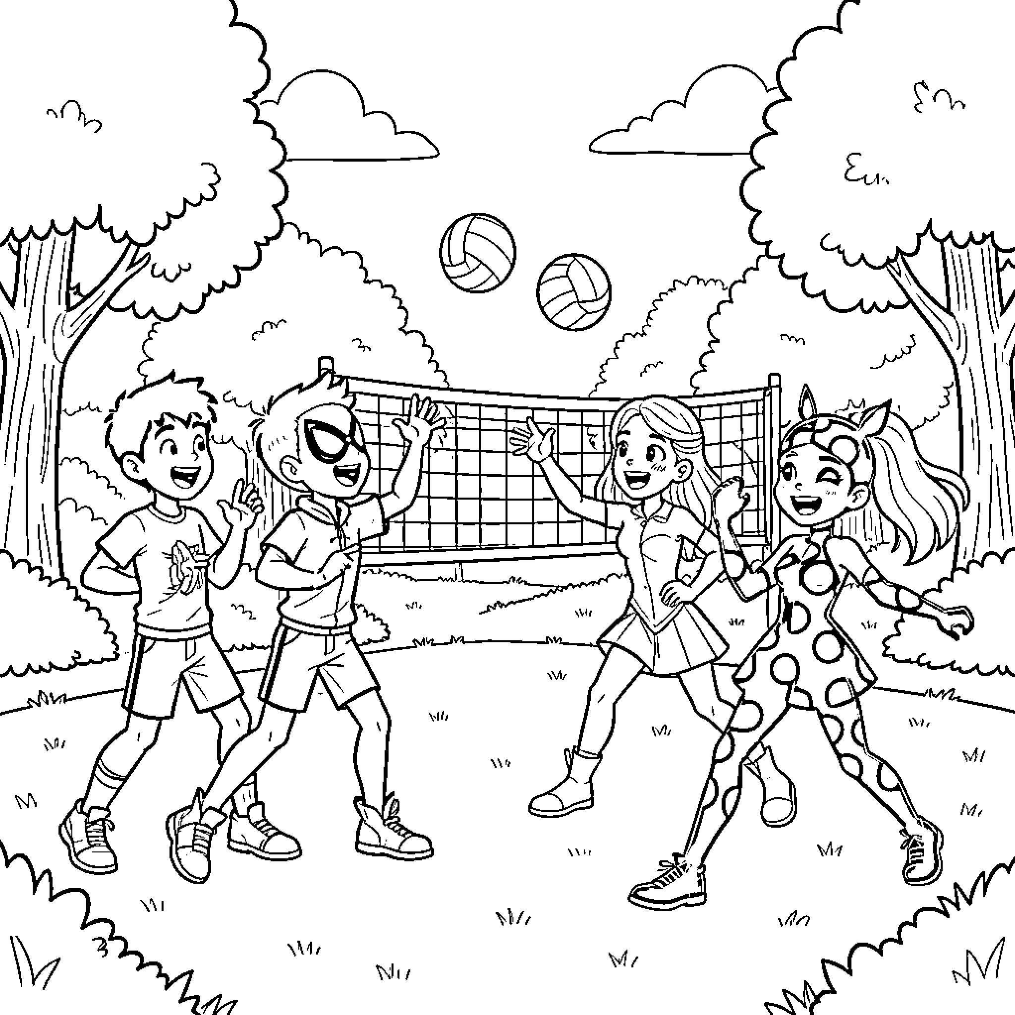Spidey friends playing outdoor volleyball together Coloring Page (free black-and-white line drawing printable PDF for all, from beginners to advanced learners, including children, teens, adults, and seniors)