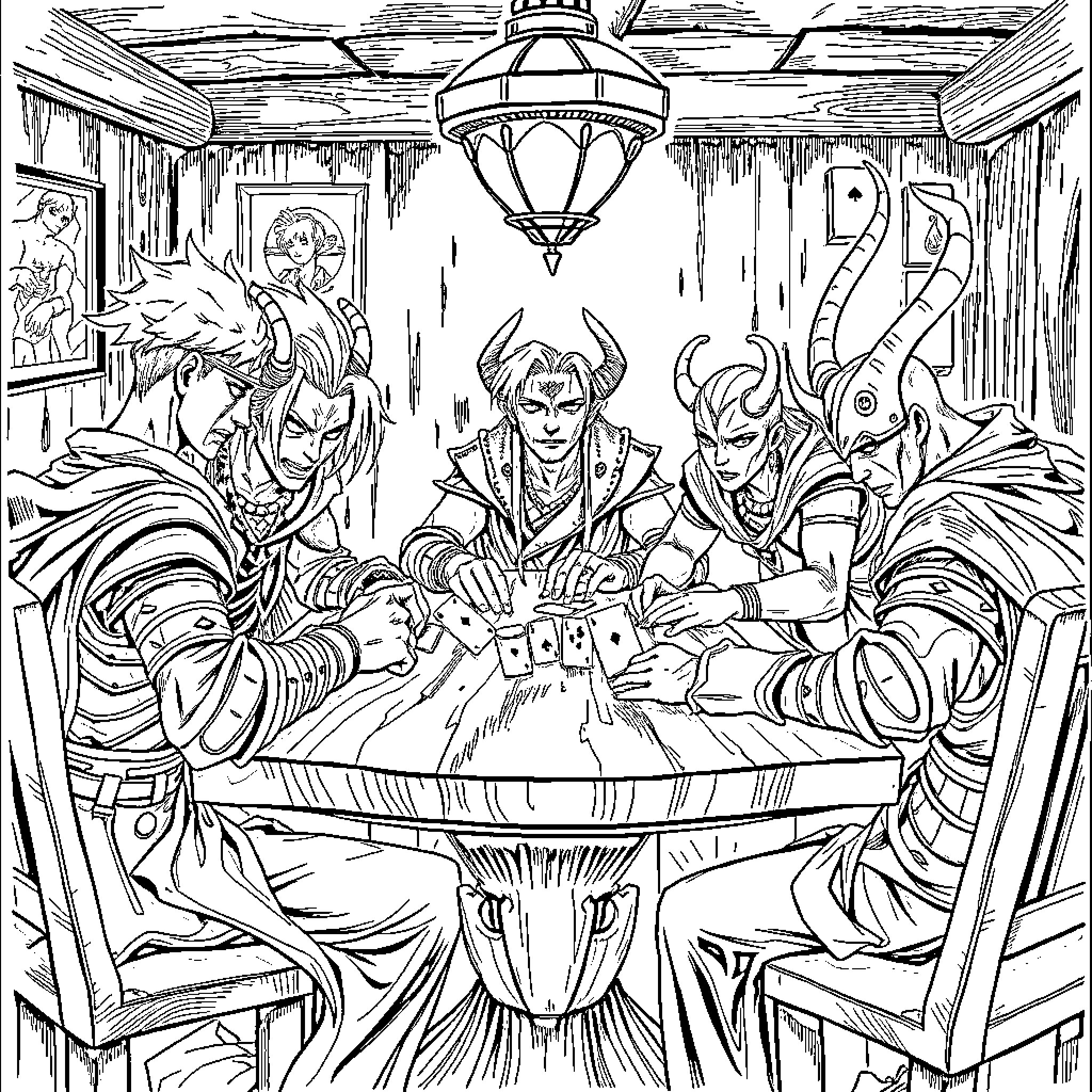 Hashira Gathering: Intimidating Figures Engaged in Discussion Coloring Page (free black-and-white line drawing printable PDF for all, from beginners to advanced learners, including children, teens, adults, and seniors)