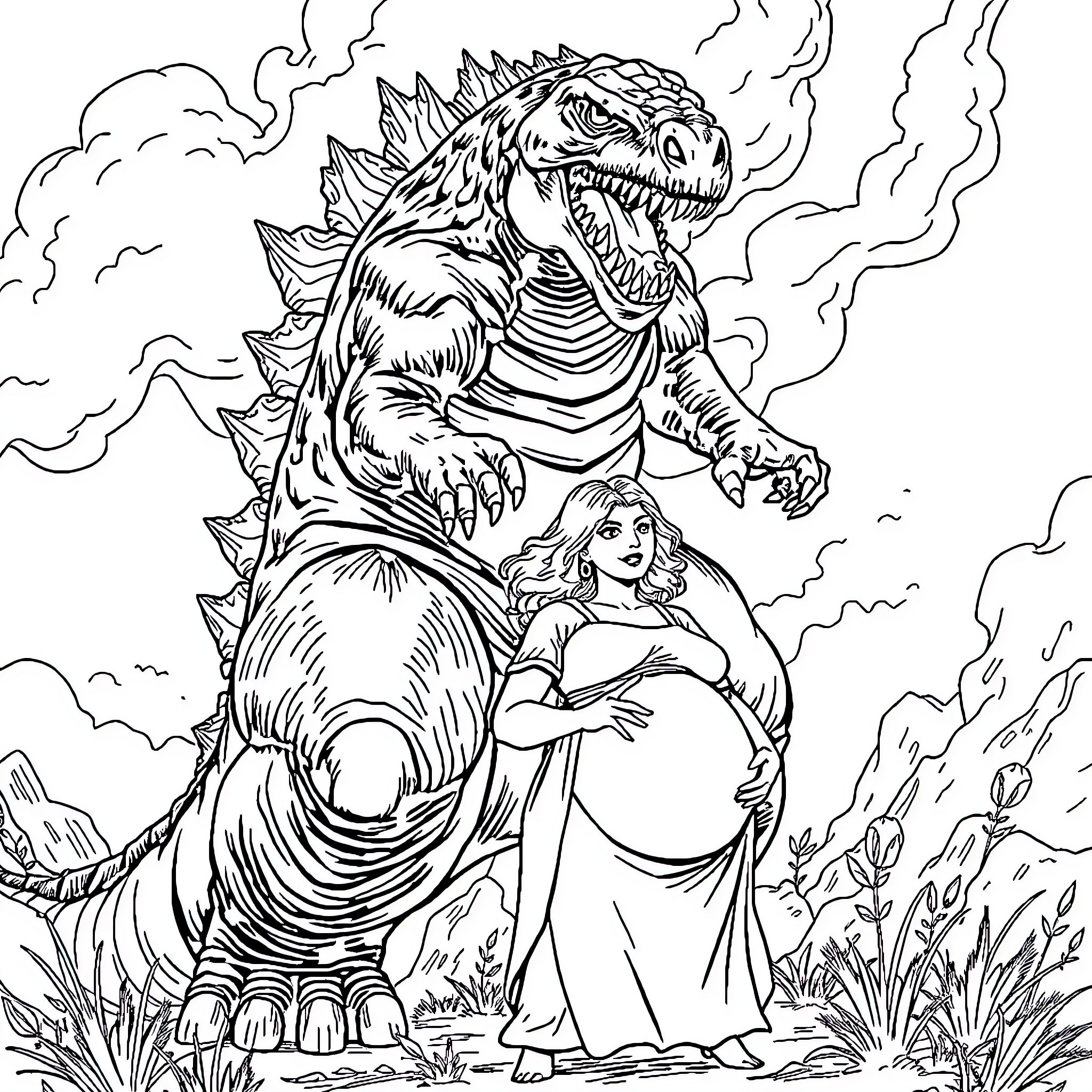 Godzilla's Encounter with a Fearless Maiden Coloring Page (free black-and-white line drawing printable PDF for all, from beginners to advanced learners, including children, teens, adults, and seniors)